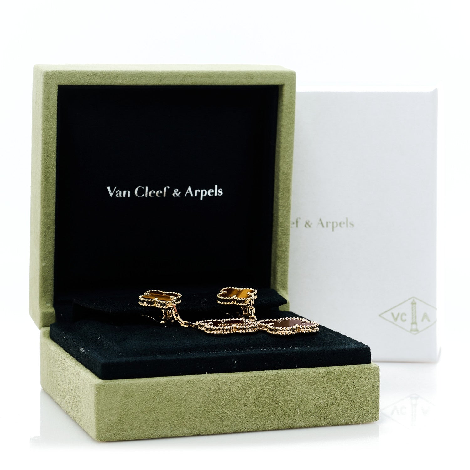 18K Yellow Gold Tiger Eye Carnelian 2 Motifs Magic Alhambra Earrings — view 5