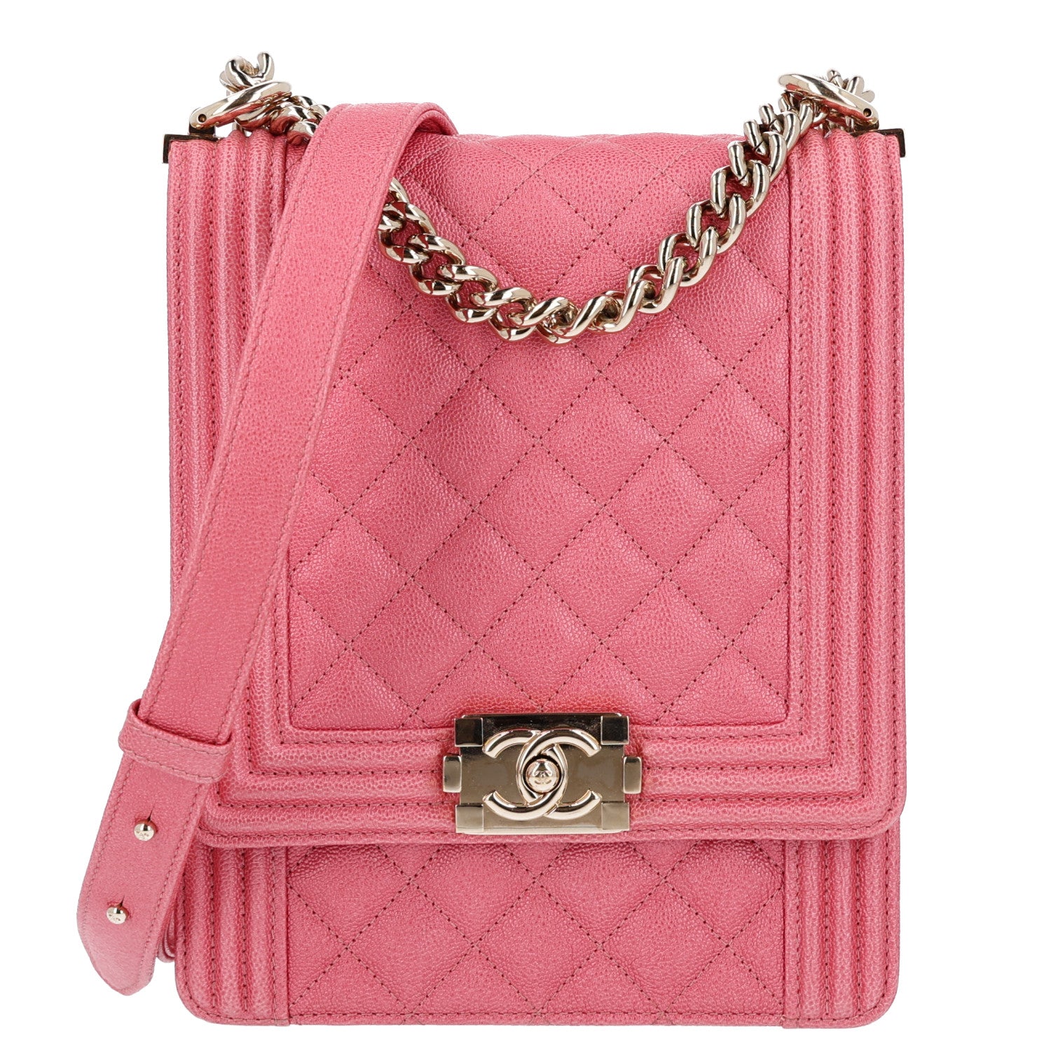 Iridescent Caviar Quilted North South Boy Flap Pink