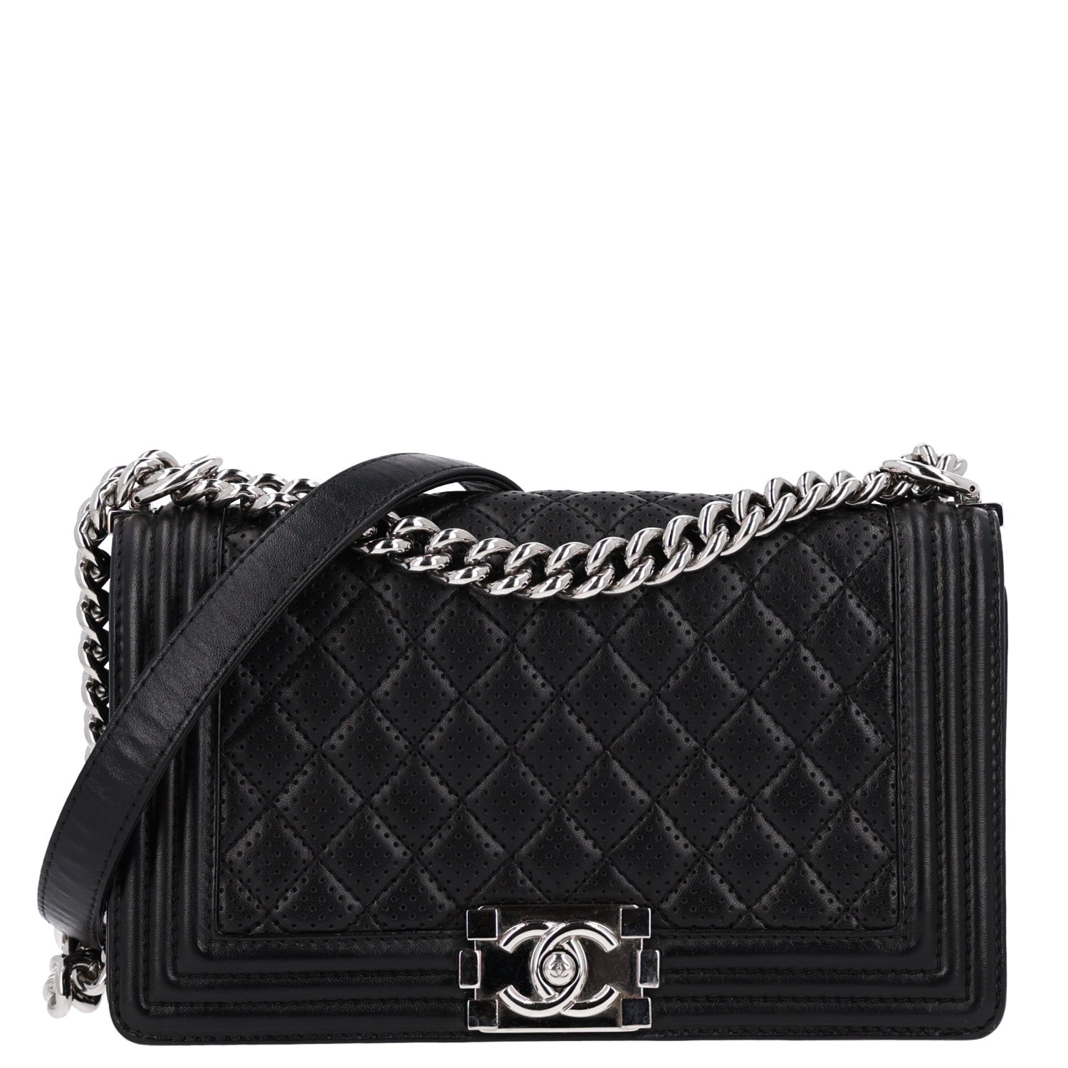 Lambskin Perforated Medium Boy Flap Black