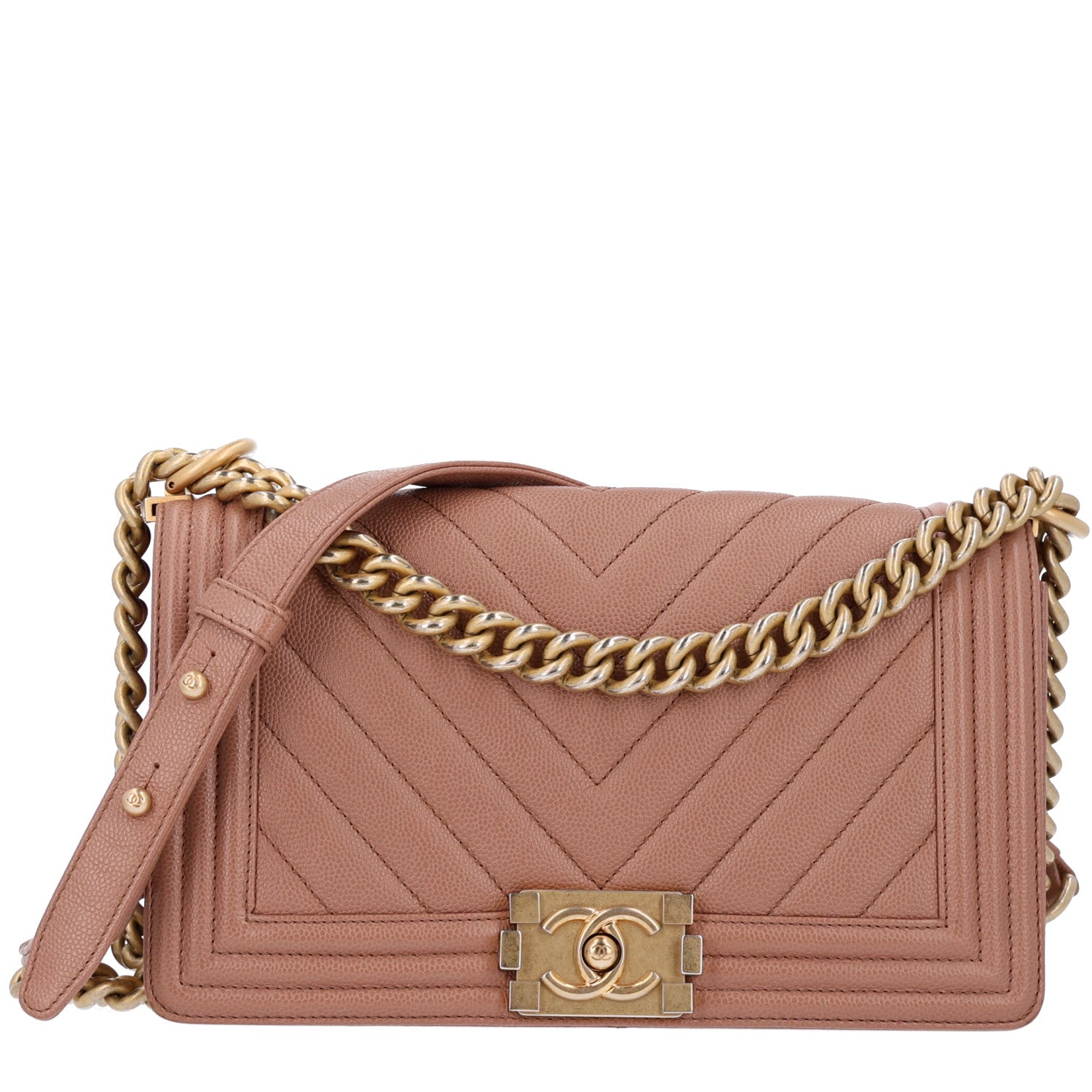 Caviar Chevron Quilted Medium Boy Flap Dark Beige