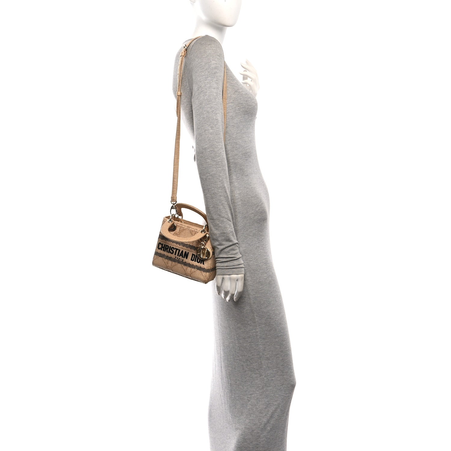 Raffia Woven Cannage Embroidered Mini Lady D-Lite Natural Black — view 2