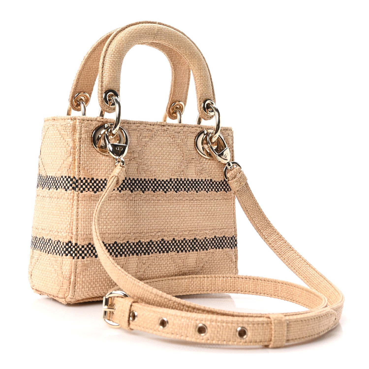 Raffia Woven Cannage Embroidered Mini Lady D-Lite Natural Black — view 3