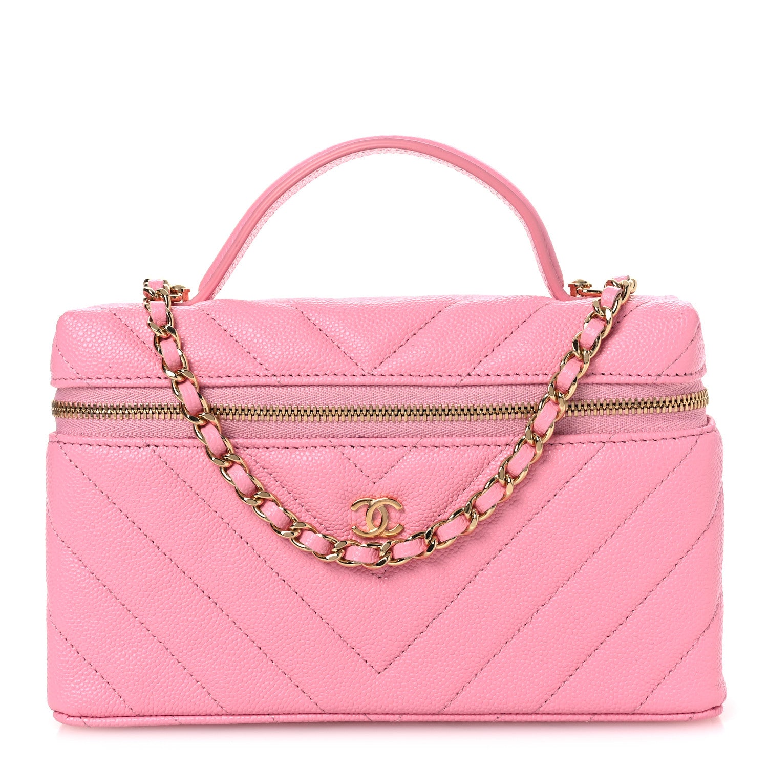 Shiny Caviar Quilted Sleek Chevron Vanity With Chain Rose
