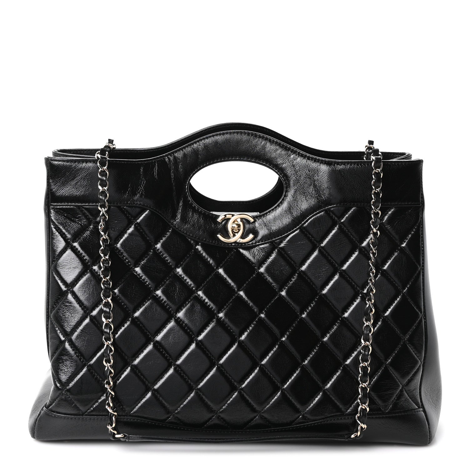 Shiny Aged Calfskin Quilted Large 31 Shopping Bag Black