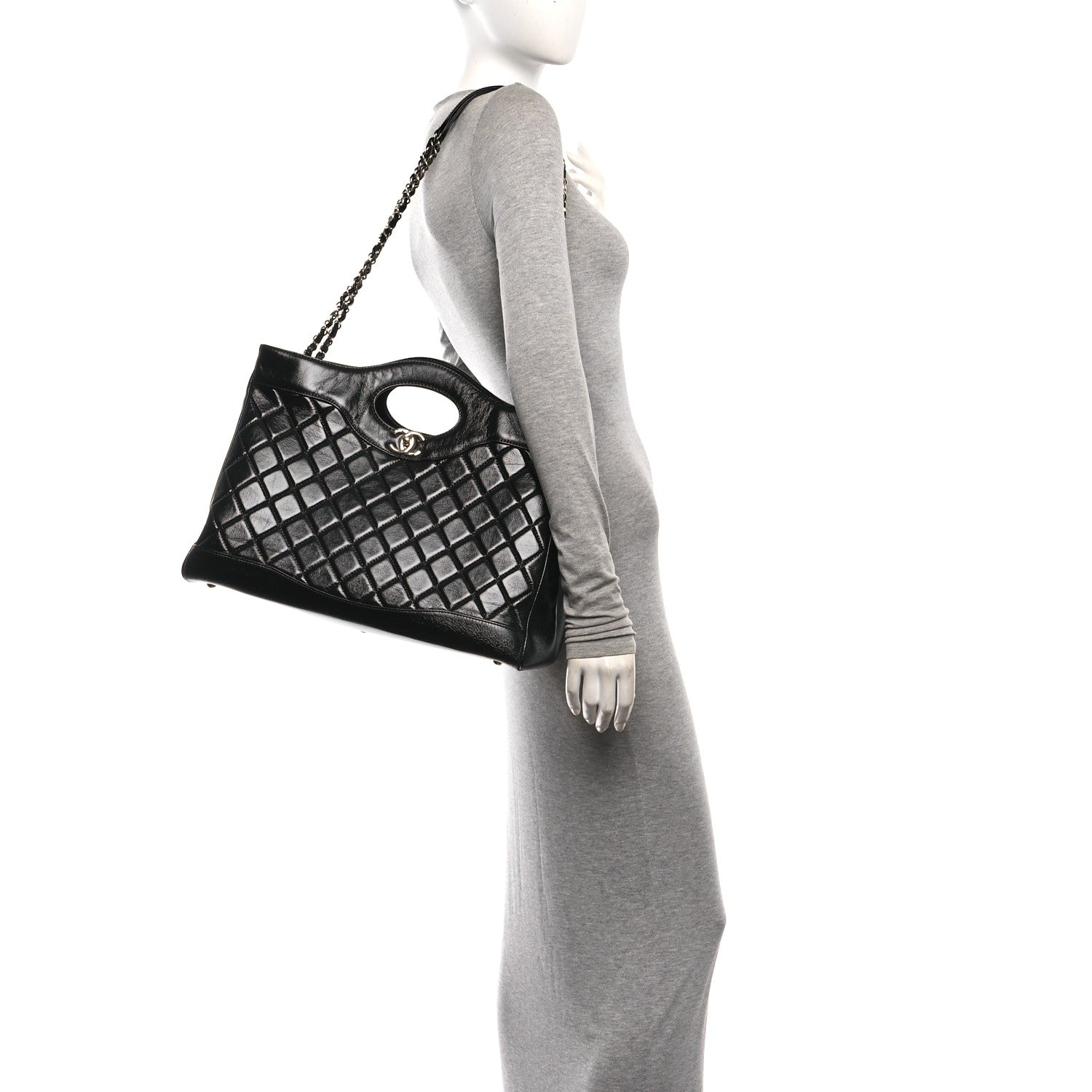 Shiny Aged Calfskin Quilted Large 31 Shopping Bag Black — view 2