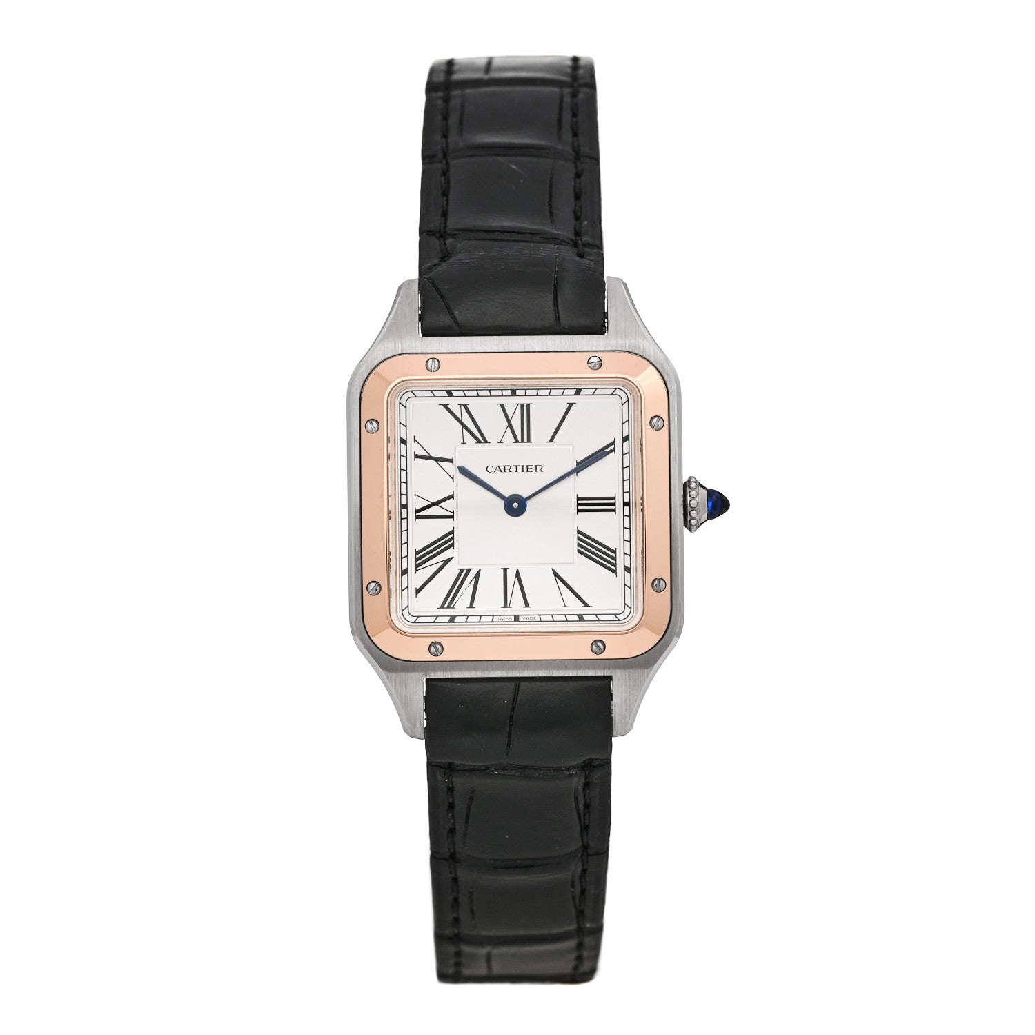 Stainless Steel 18K Pink Gold Alligator 31.4mm Santos Dumont Quartz Watch