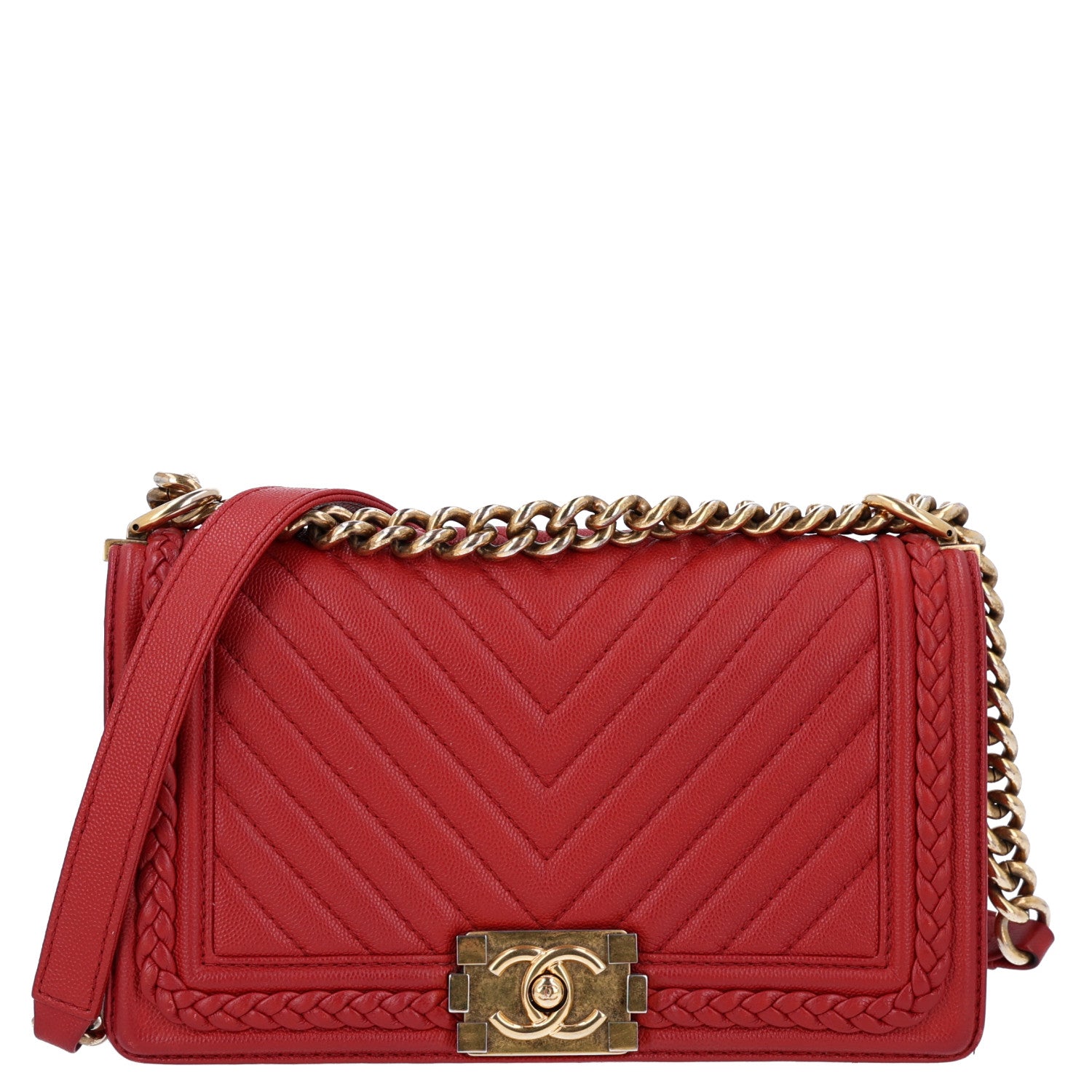Caviar Chevron Quilted Braided Medium Boy Flap Red