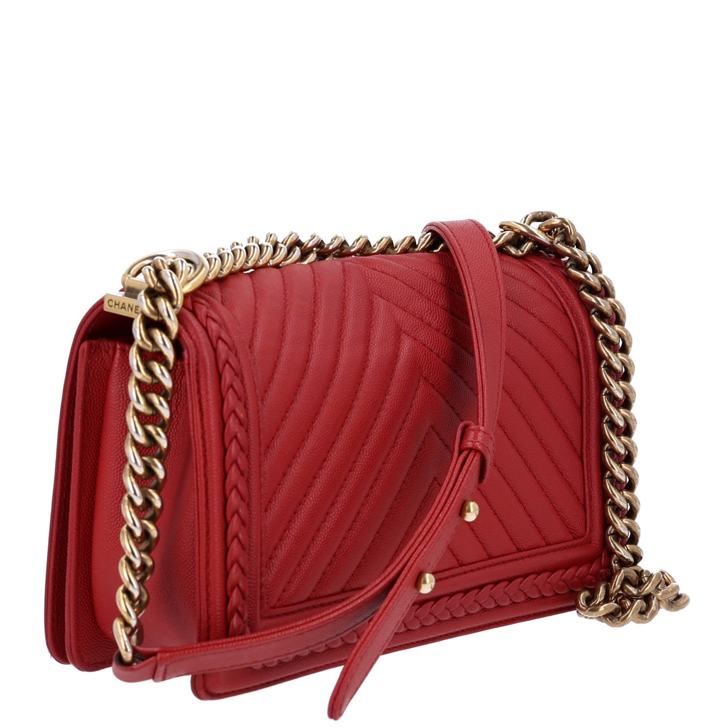 Caviar Chevron Quilted Braided Medium Boy Flap Red — view 3