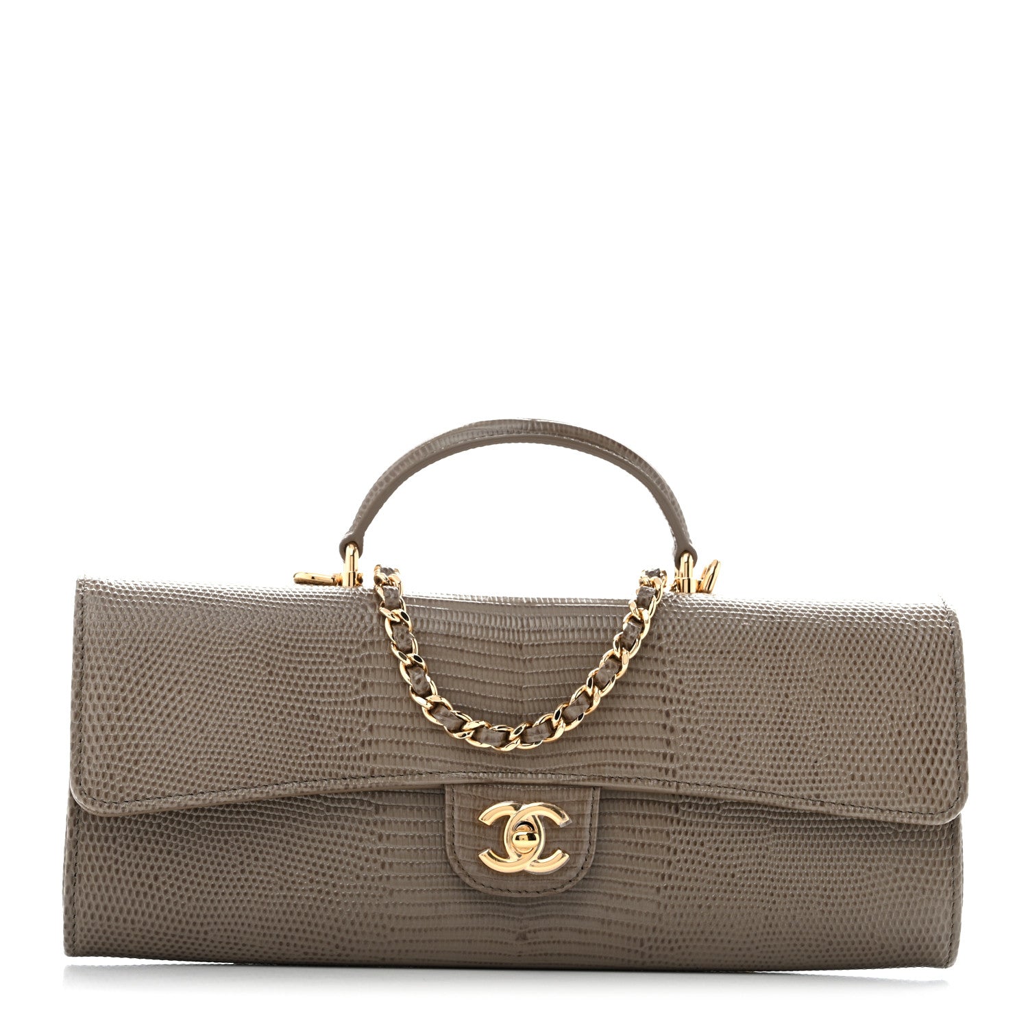 Calfskin Lizard Embossed Top Handle Long Clutch With Chain Dark Khaki