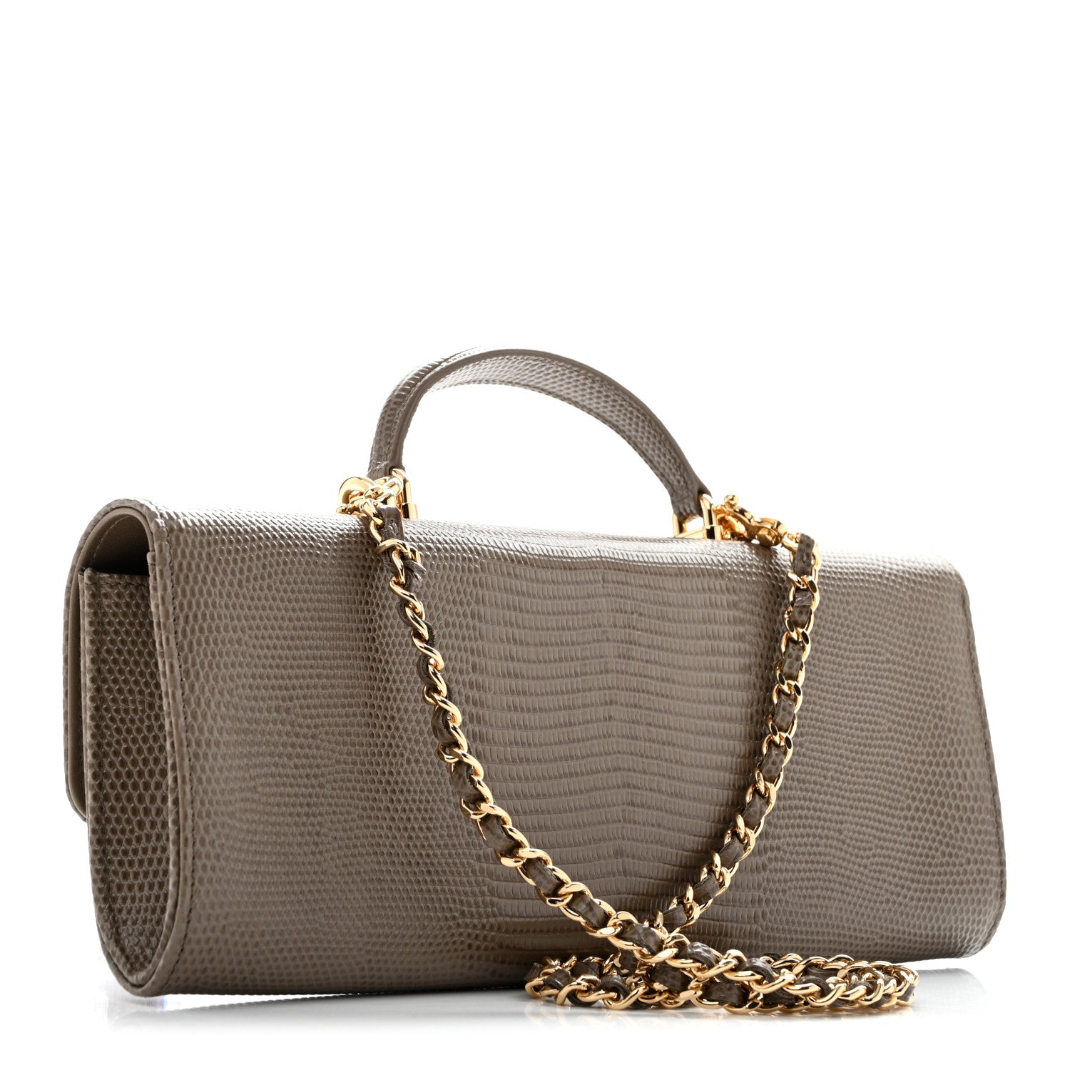 Calfskin Lizard Embossed Top Handle Long Clutch With Chain Dark Khaki — view 2