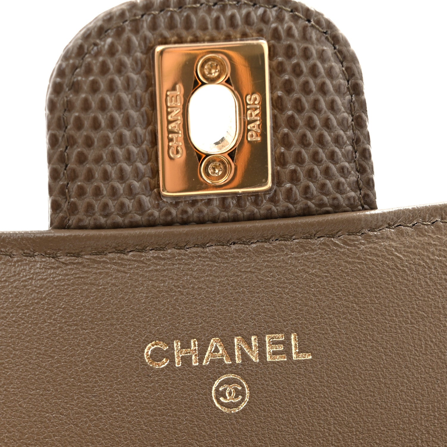 Calfskin Lizard Embossed Top Handle Long Clutch With Chain Dark Khaki — view 5