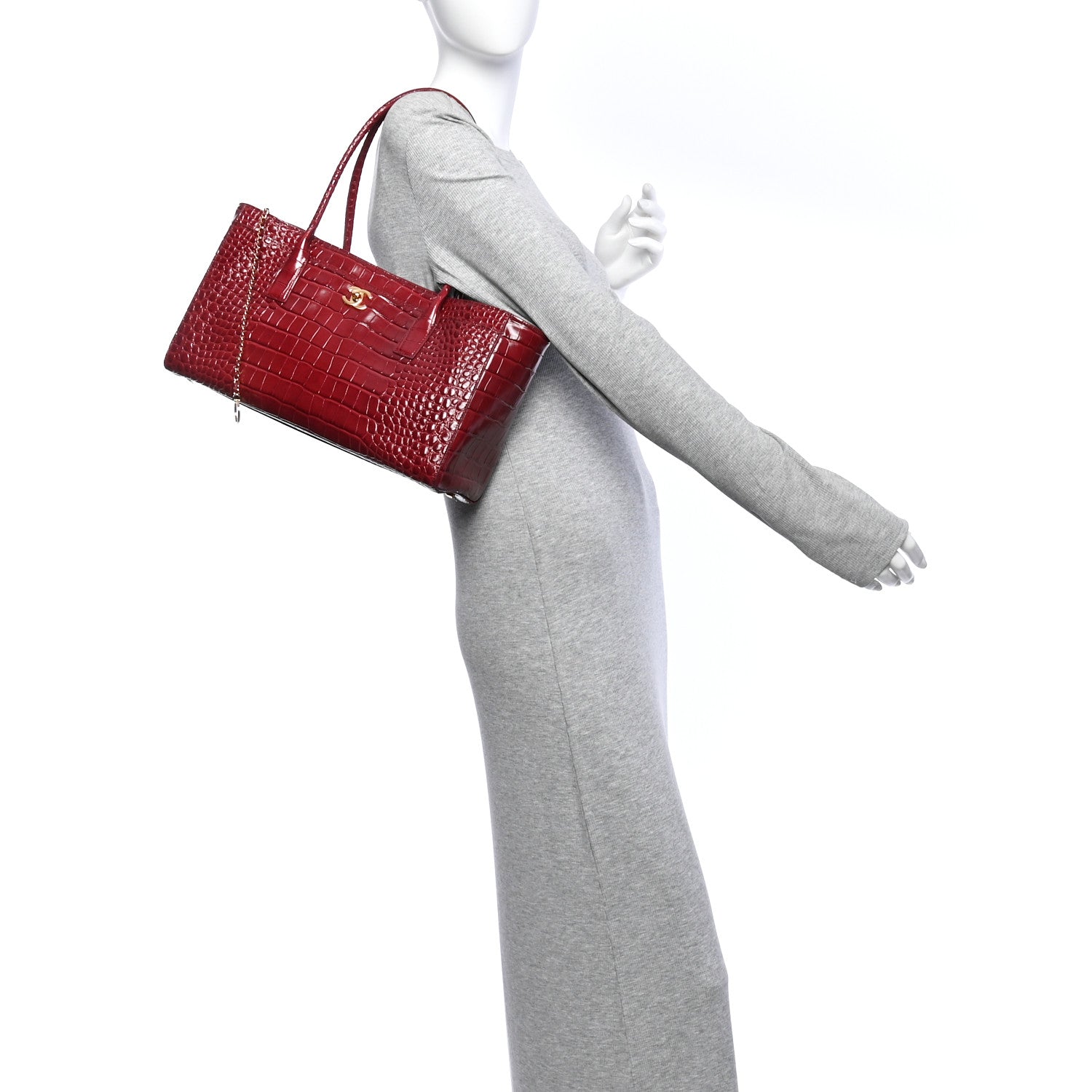 Calfskin Crocodile Embossed Archetype Small Shopping Tote Burgundy — view 2