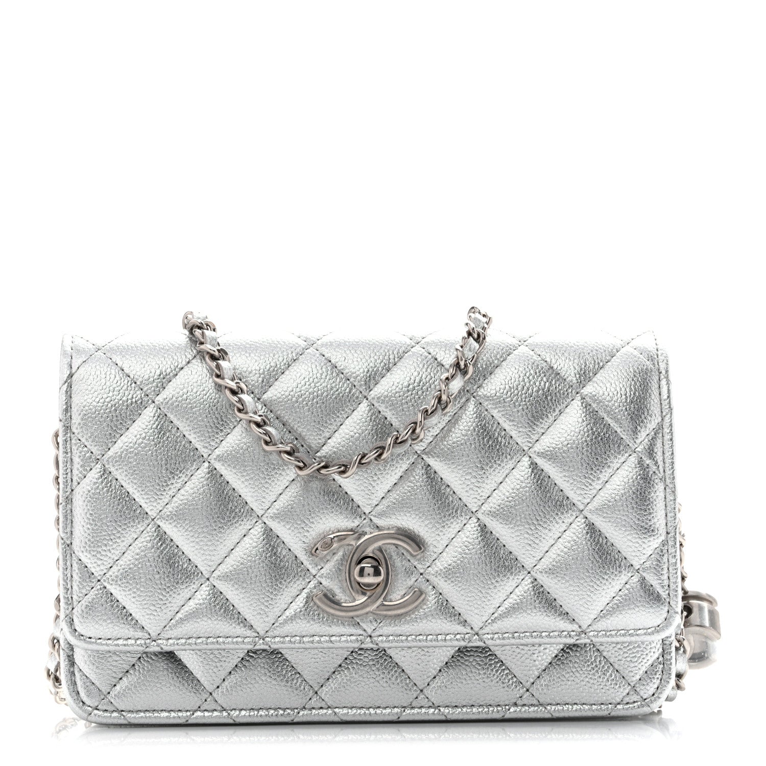 Metallic Caviar Quilted Wallet On Chain WOC Silver