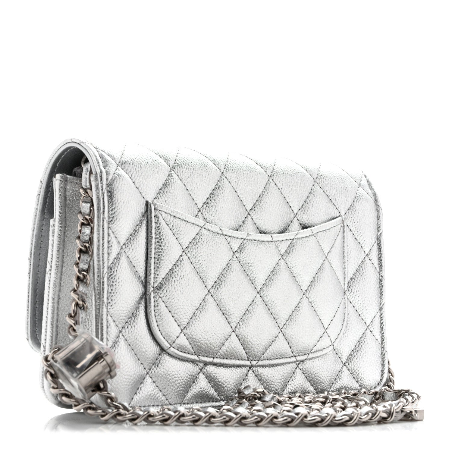 Metallic Caviar Quilted Wallet On Chain WOC Silver — view 3