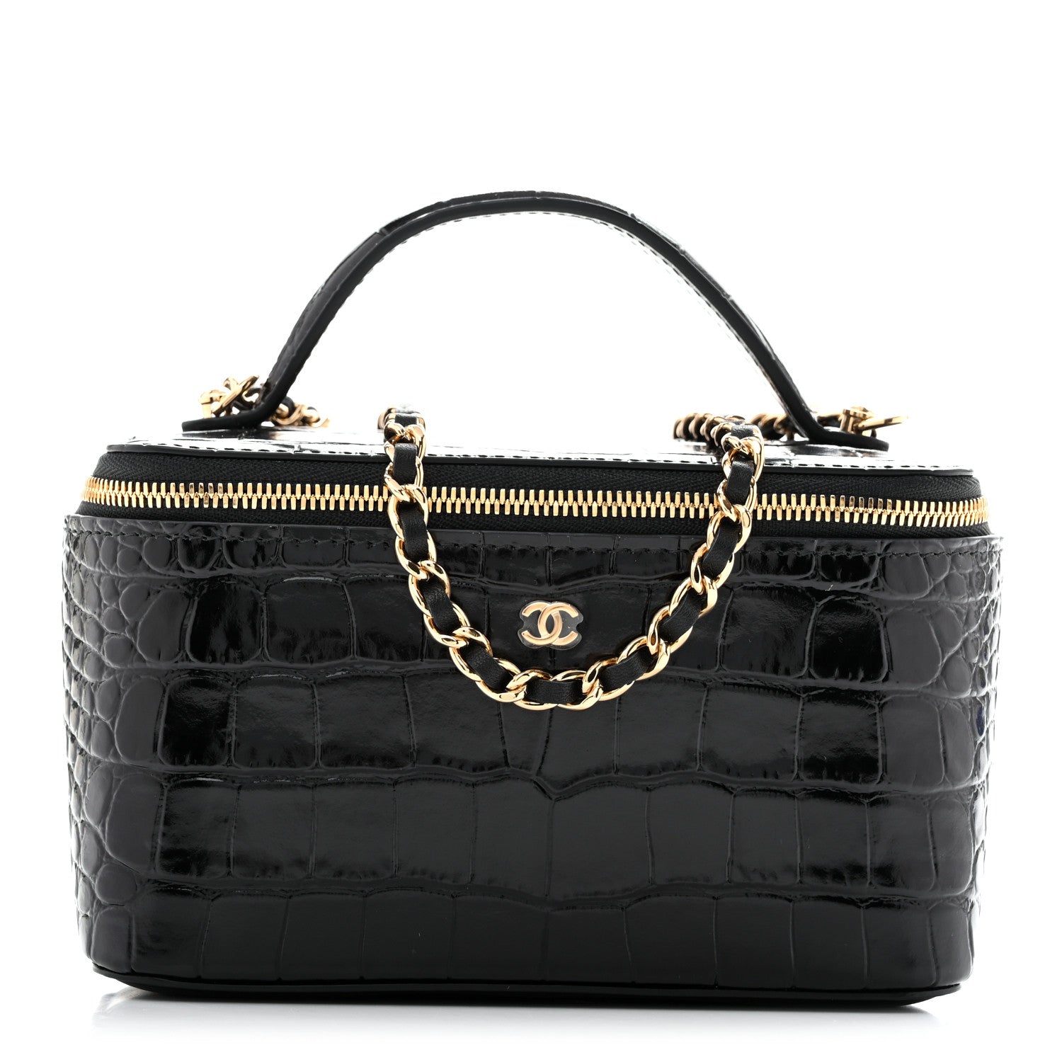 Calfskin Crocodile Embossed Crococo Small Top Handle Vanity Case With Chain Black