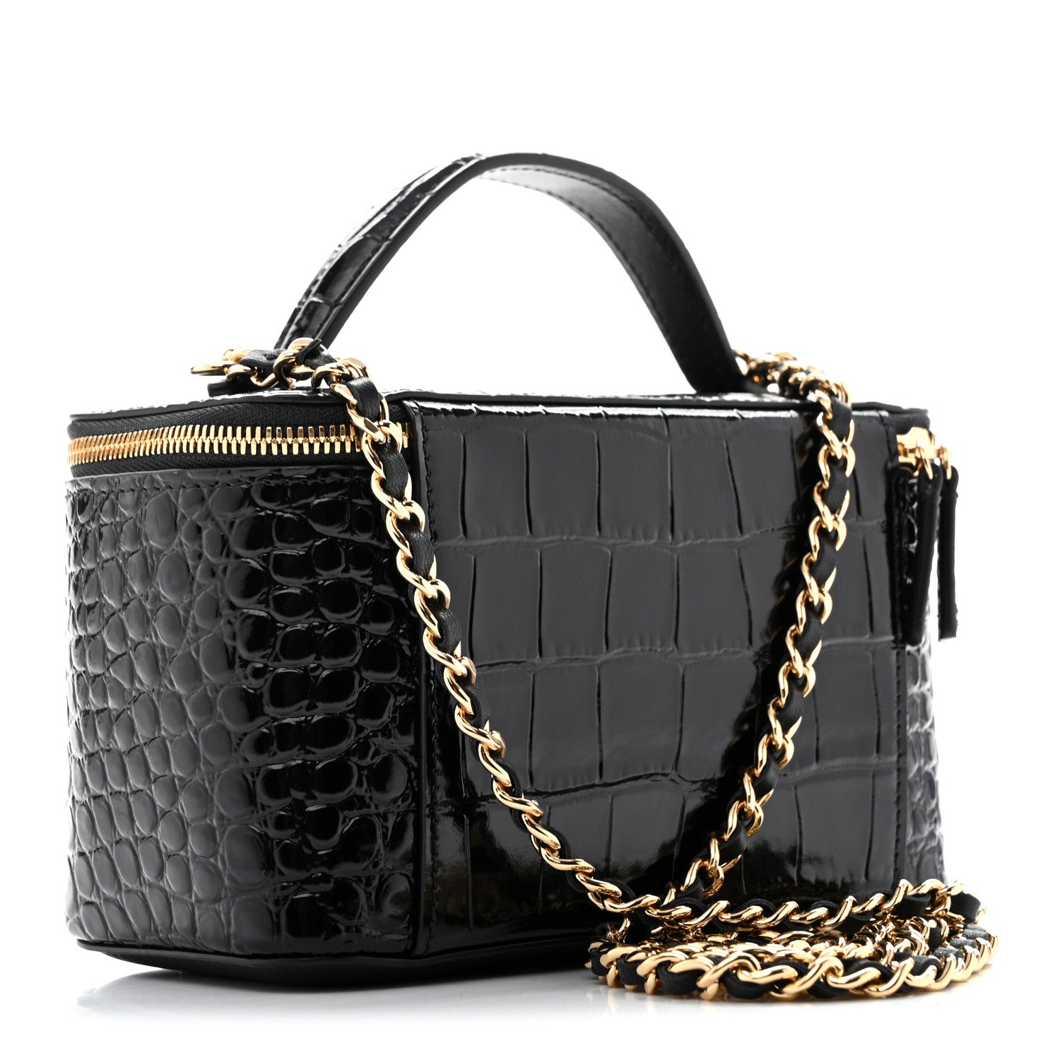 Calfskin Crocodile Embossed Crococo Small Top Handle Vanity Case With Chain Black — view 3