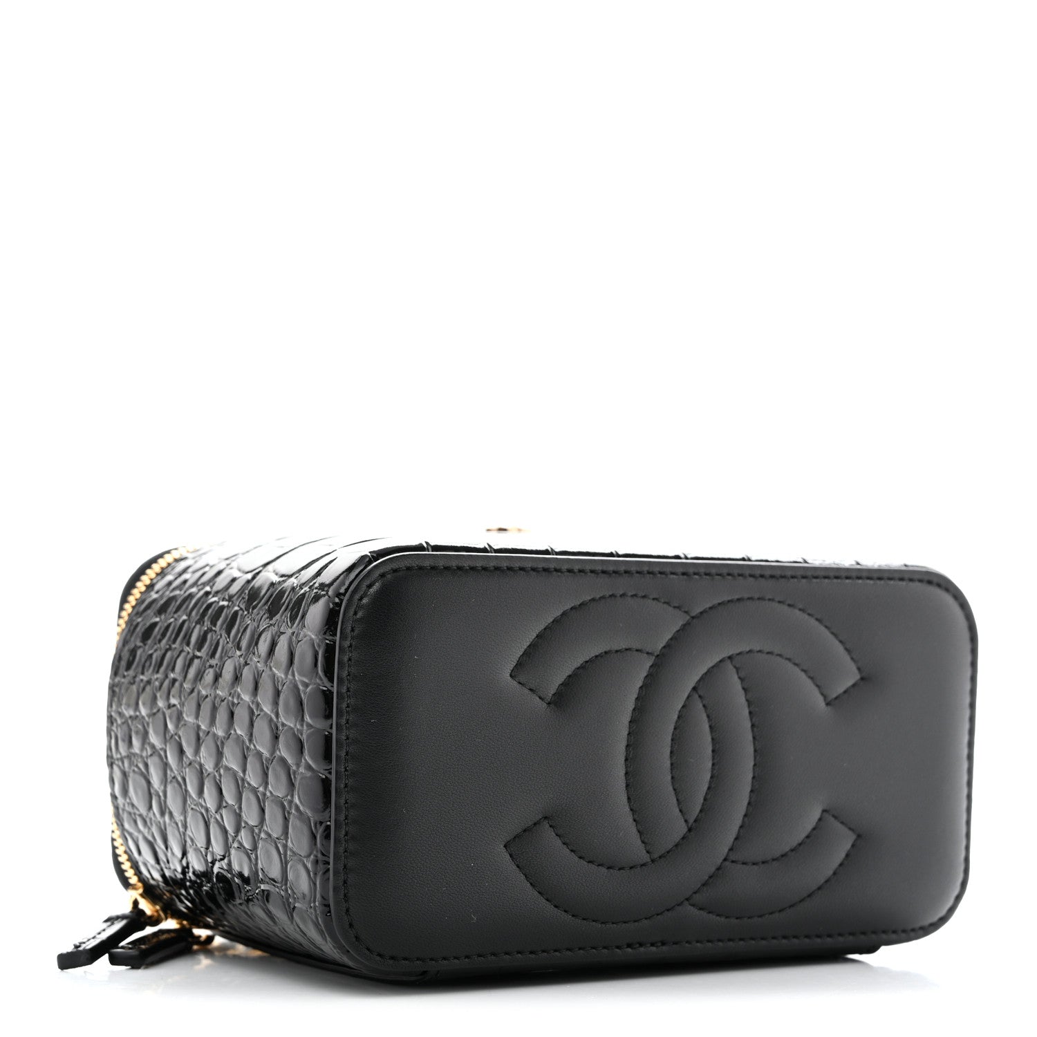 Calfskin Crocodile Embossed Crococo Small Top Handle Vanity Case With Chain Black — view 4