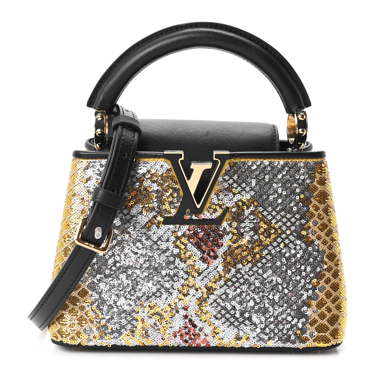 Calfskin Sequin Mini Capucines Gold Black