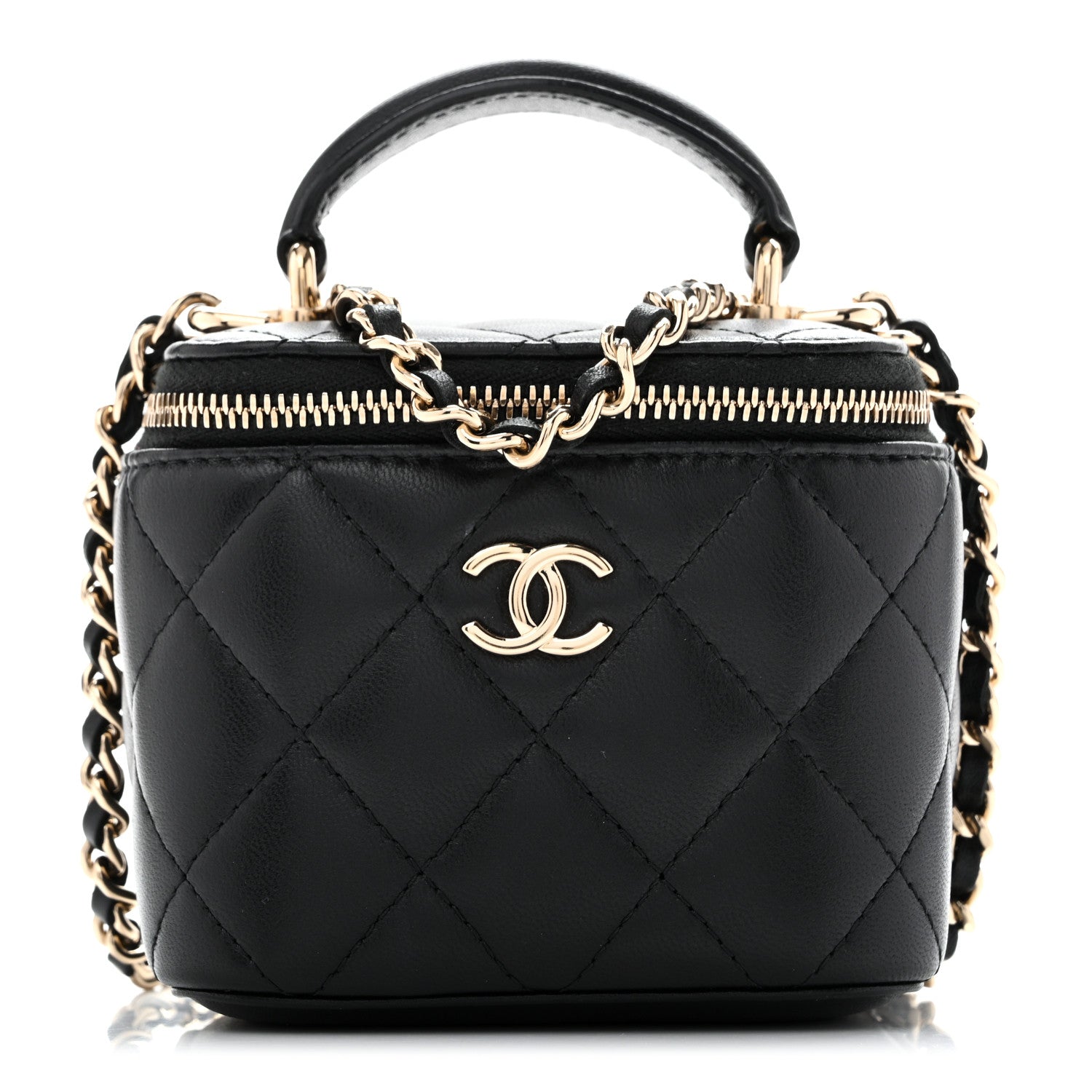 Lambskin Quilted Top Handle Mini Vanity Case With Chain Black — view 1
