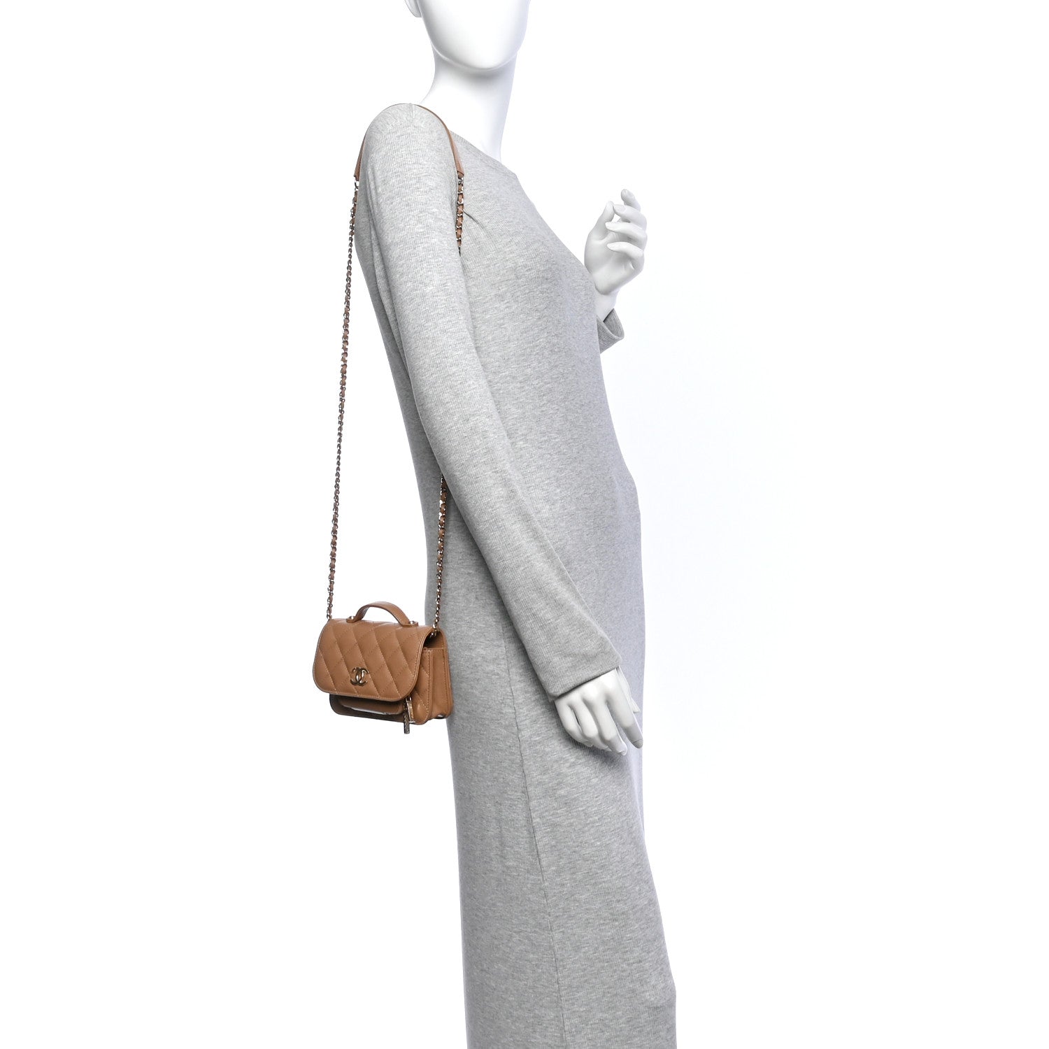 Caviar Quilted Business Affinity Clutch With Chain Flap Dark Beige — view 2
