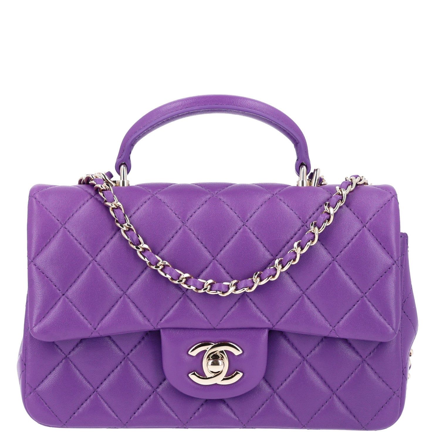 Lambskin Quilted Mini Top Handle Rectangular Flap Dark Purple