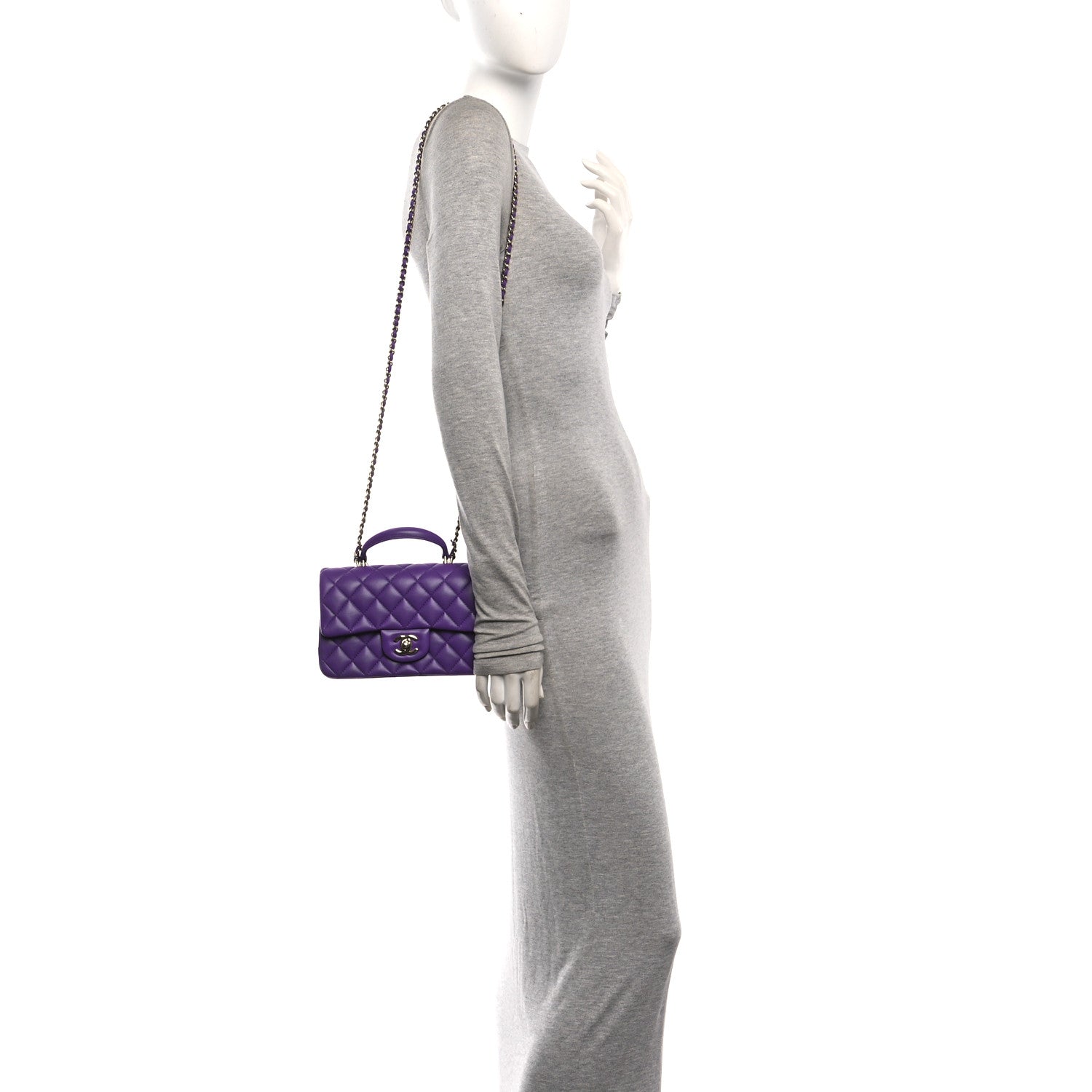 Lambskin Quilted Mini Top Handle Rectangular Flap Dark Purple — view 2