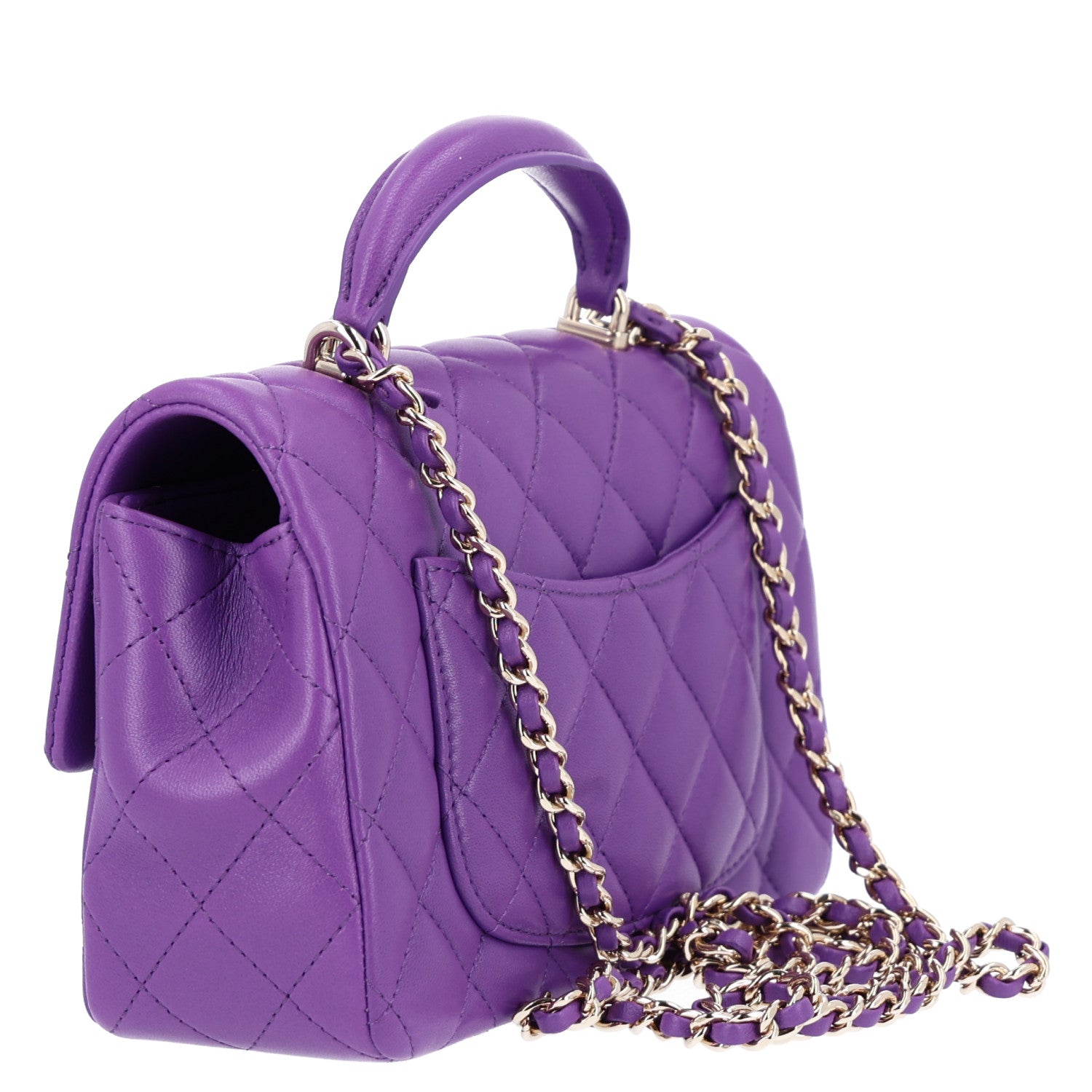 Lambskin Quilted Mini Top Handle Rectangular Flap Dark Purple — view 3