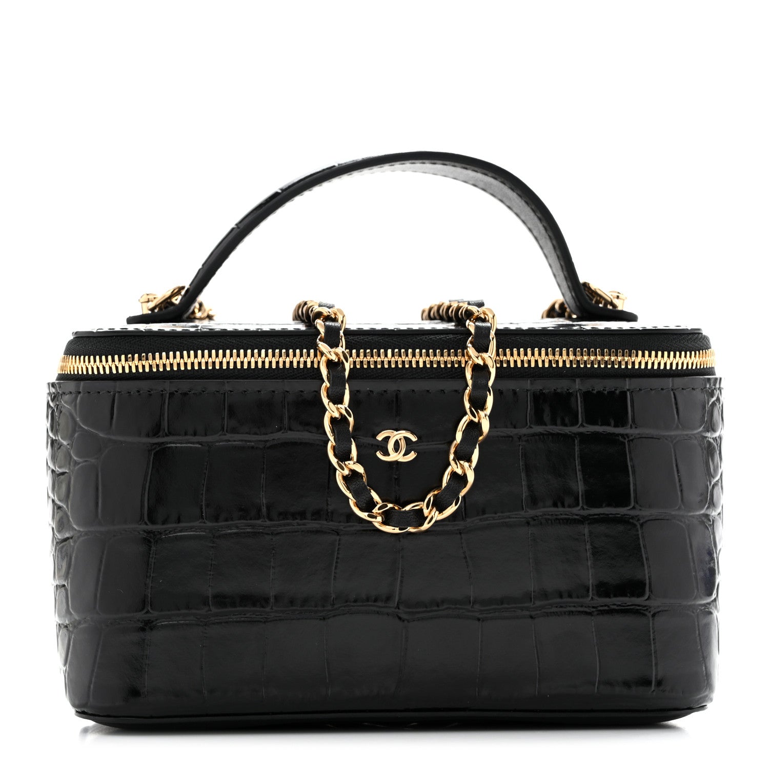 Calfskin Crocodile Embossed Crococo Small Top Handle Vanity Case With Chain Black