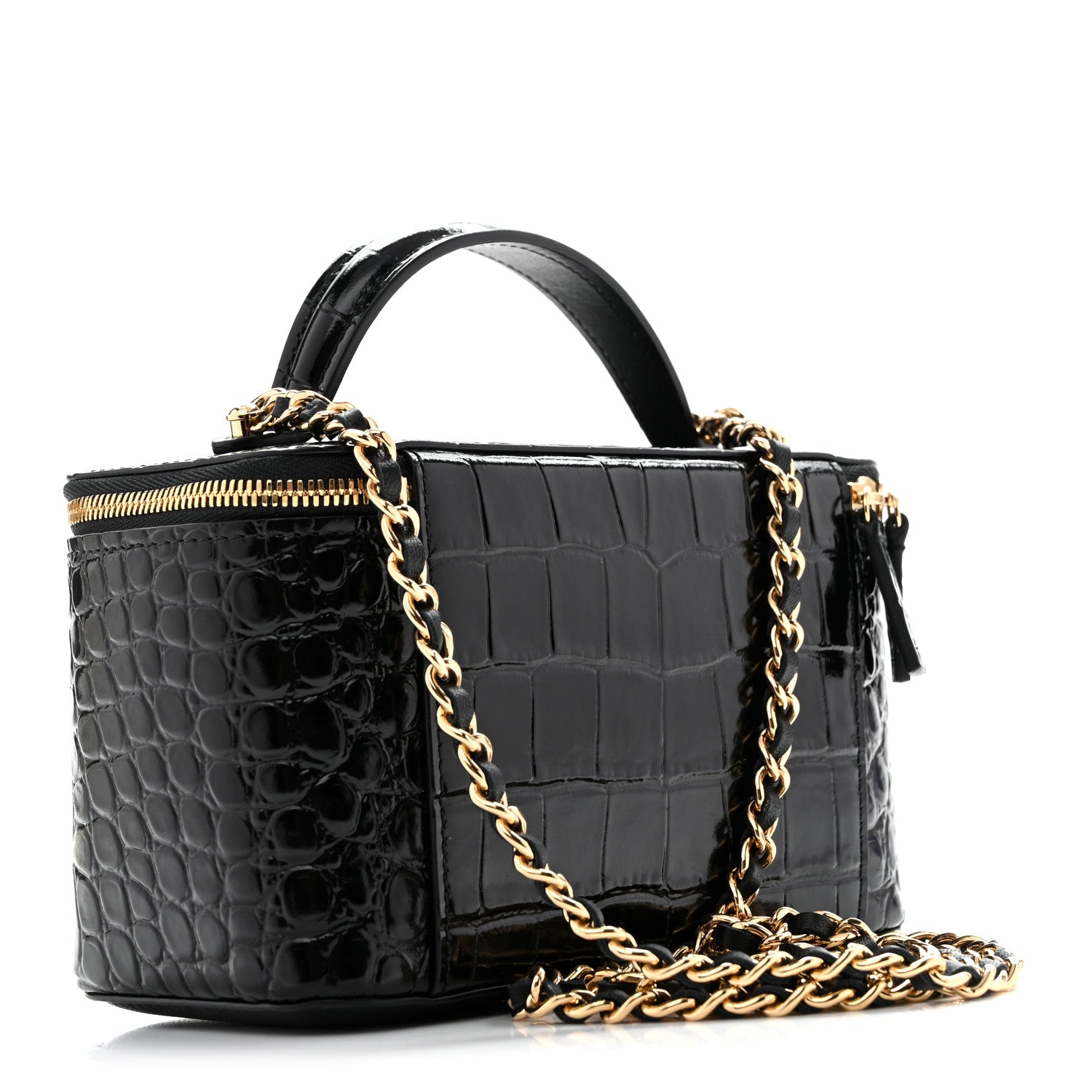 Calfskin Crocodile Embossed Crococo Small Top Handle Vanity Case With Chain Black — view 3