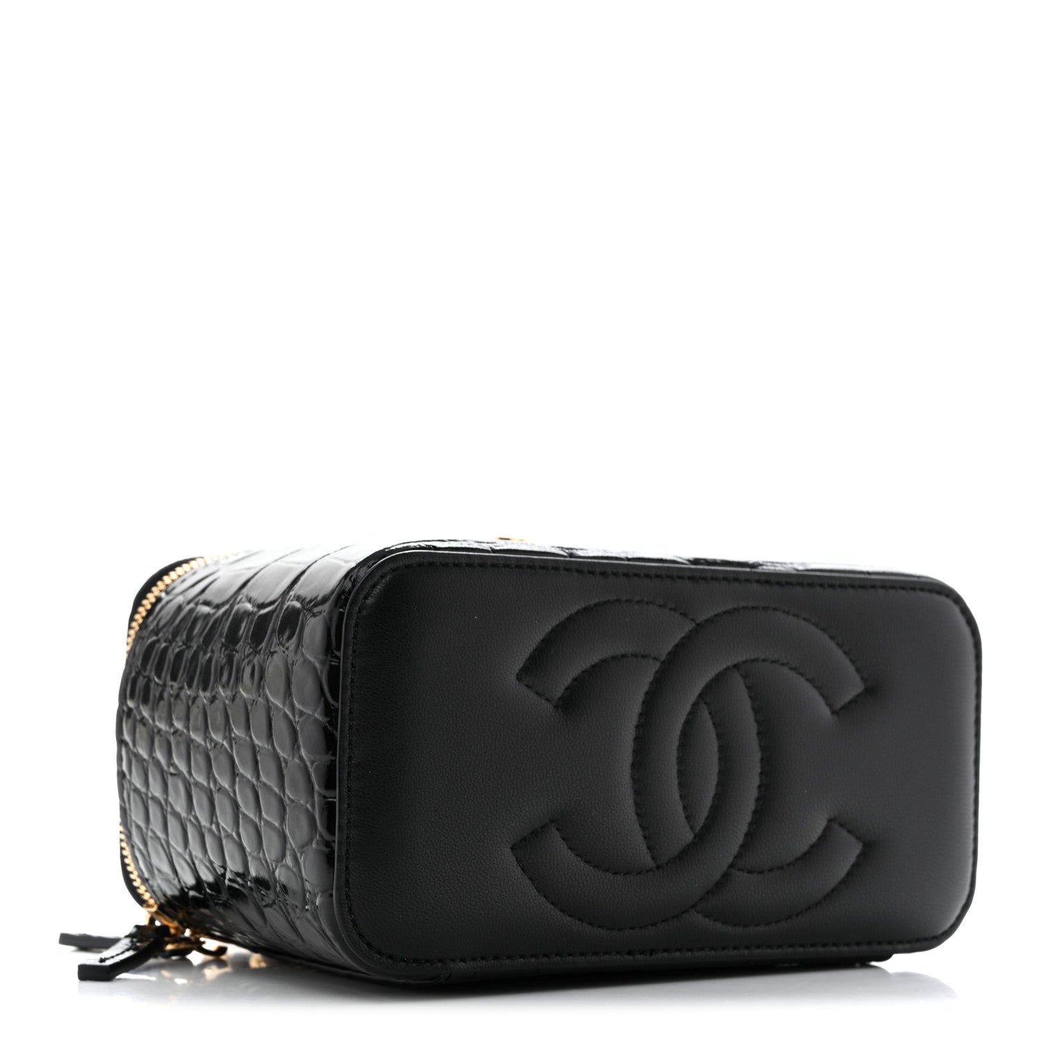 Calfskin Crocodile Embossed Crococo Small Top Handle Vanity Case With Chain Black — view 4