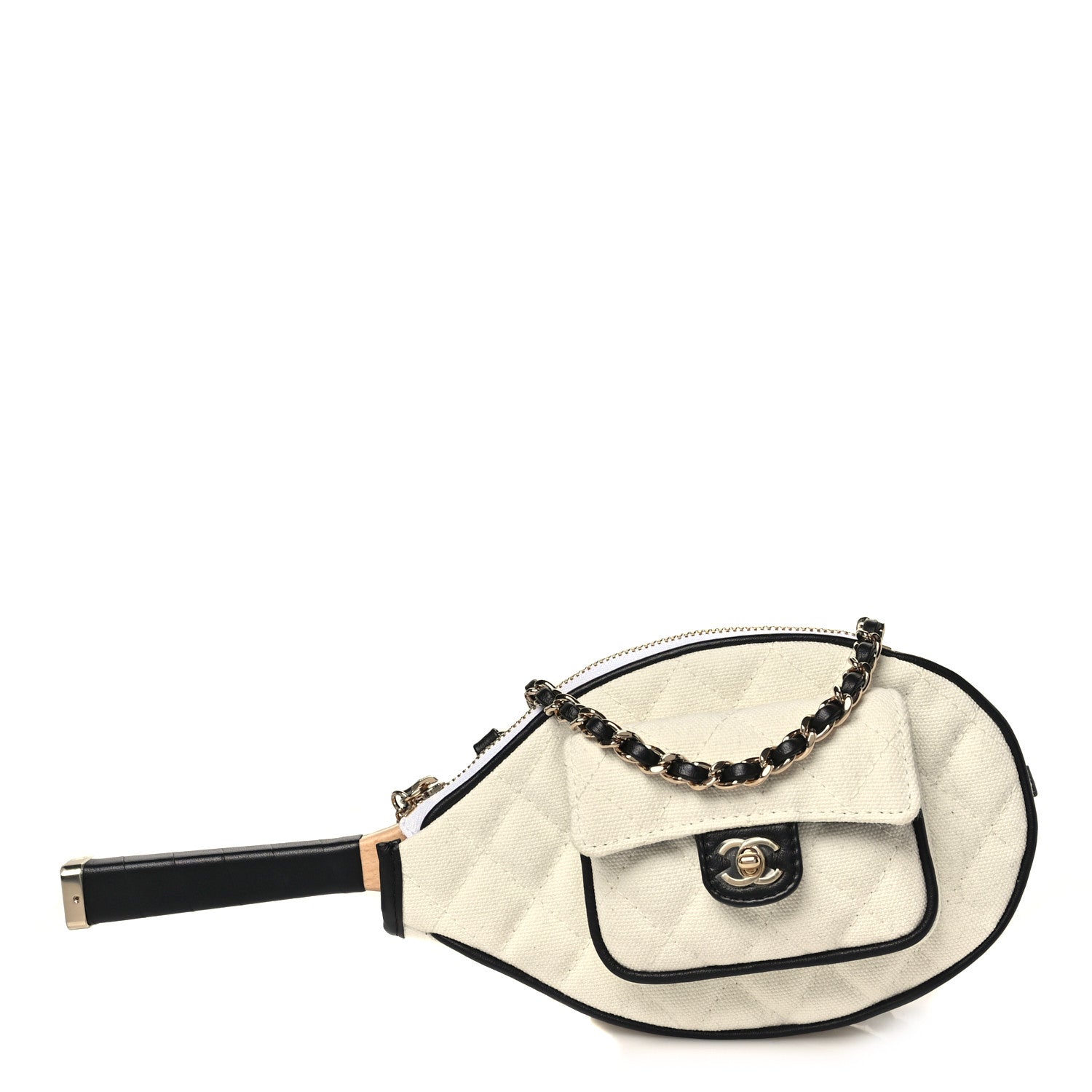 Canvas Calfskin Tennis Racket Clutch With Chain White Black