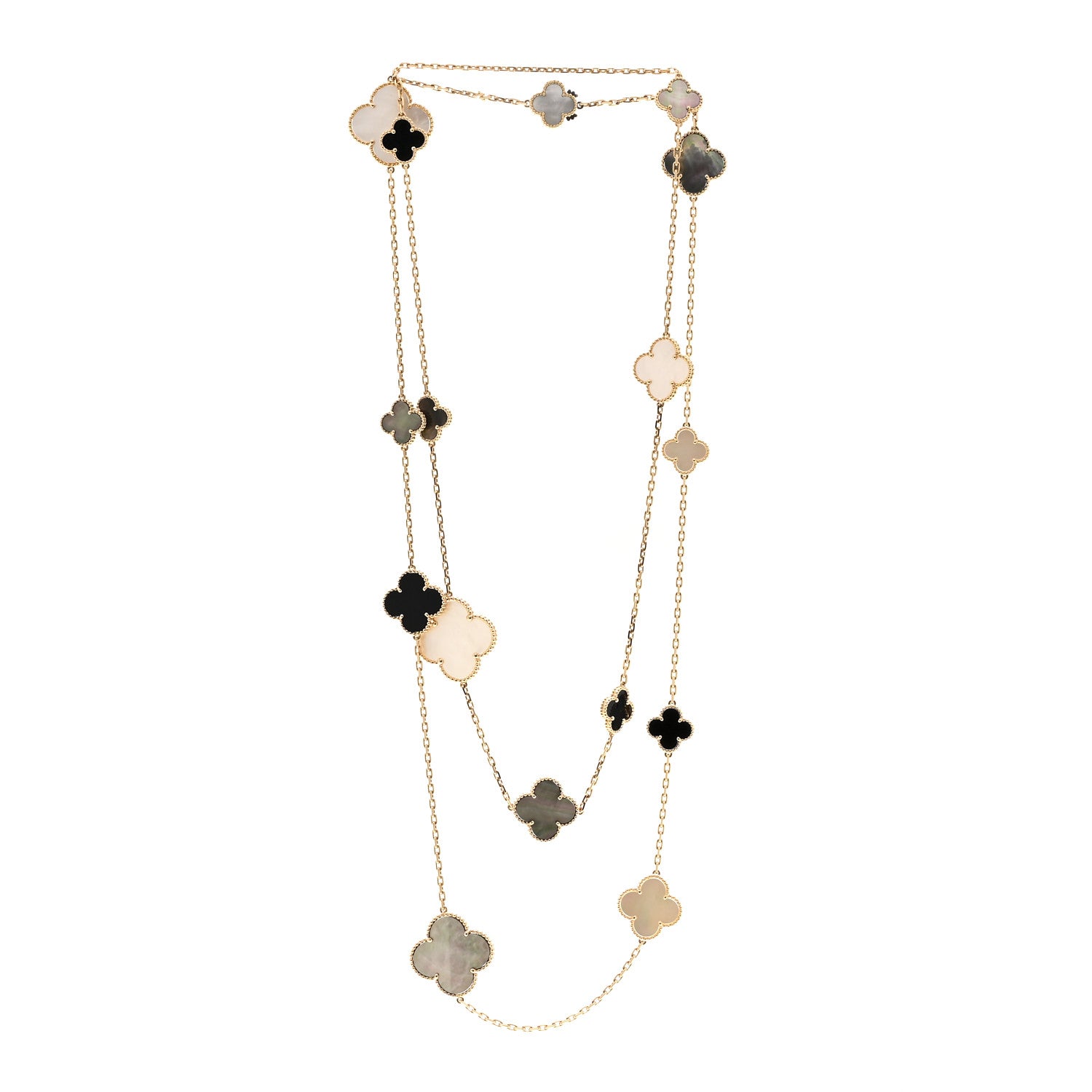 18K Yellow Gold Onyx Mother of Pearl 16 Motifs Magic Alhambra Necklace — view 3