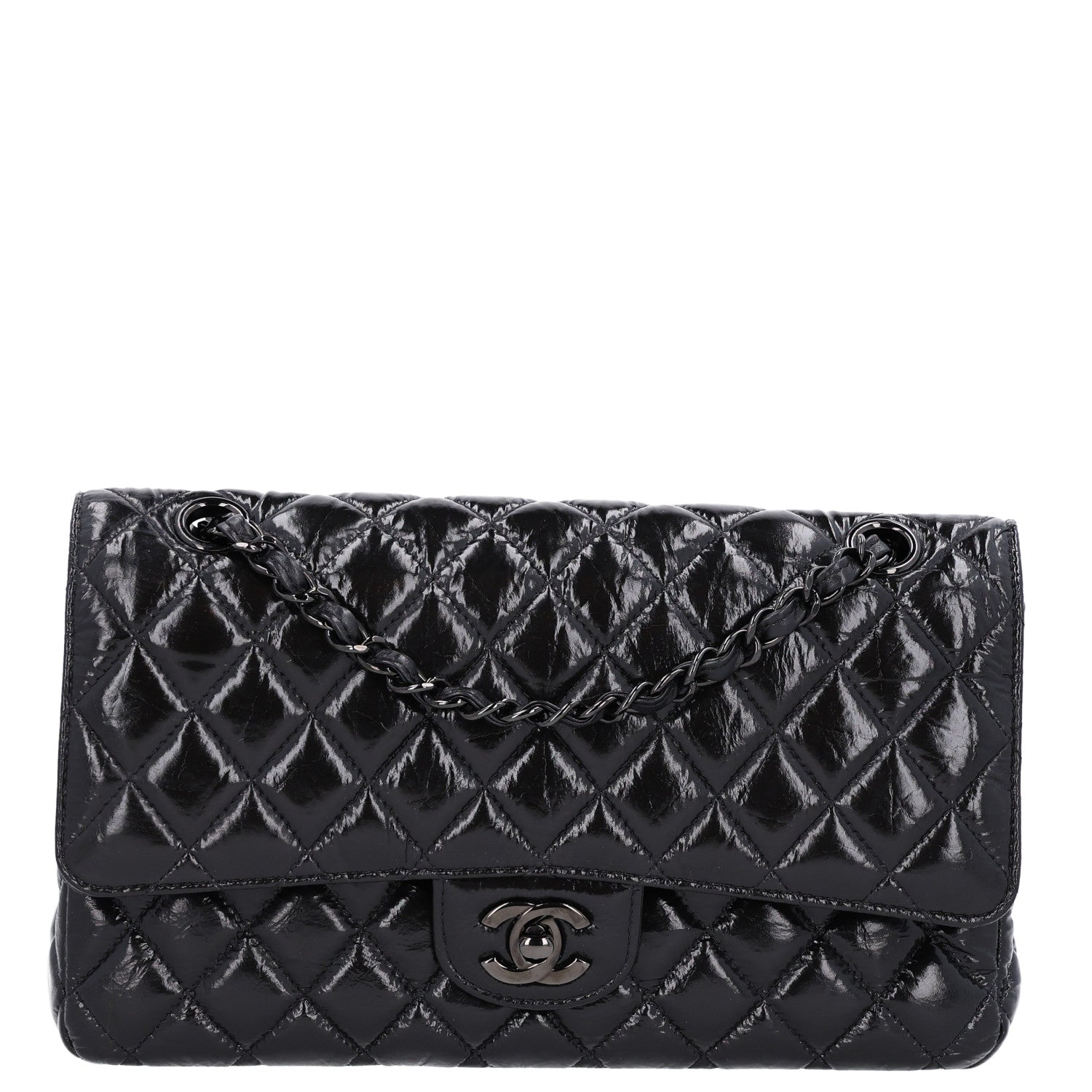Shiny Crumpled Calfskin Quilted Medium Double Flap So Black