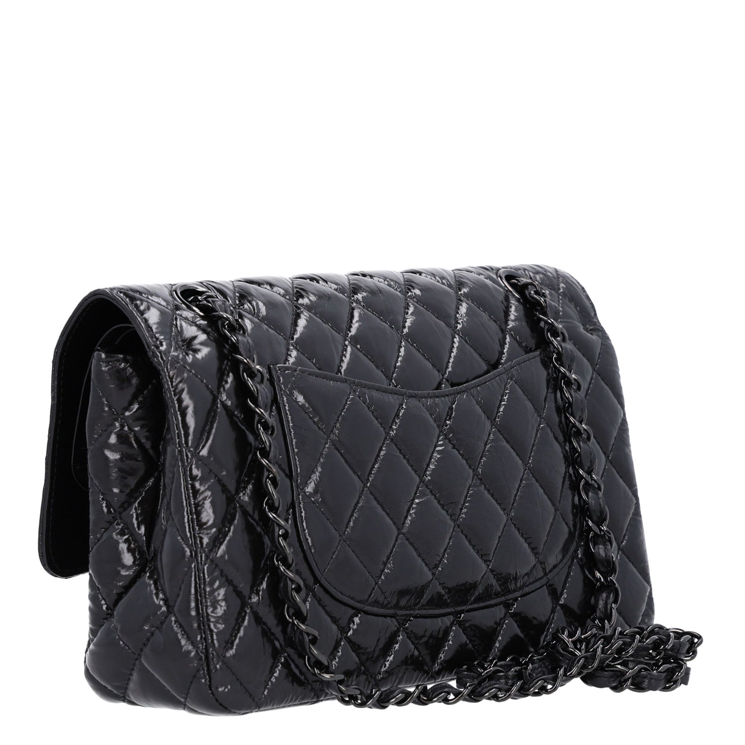 Shiny Crumpled Calfskin Quilted Medium Double Flap So Black — view 3
