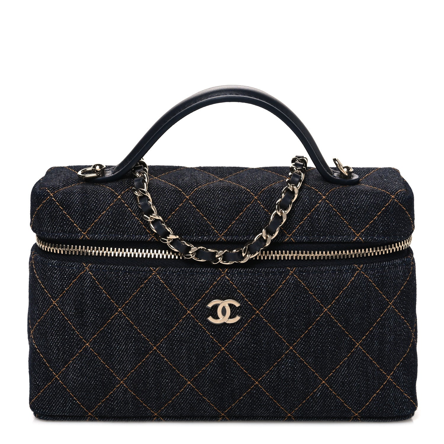 Denim Quilted Top Handle Slim Vanity Case With Chain Dark Blue Orange
