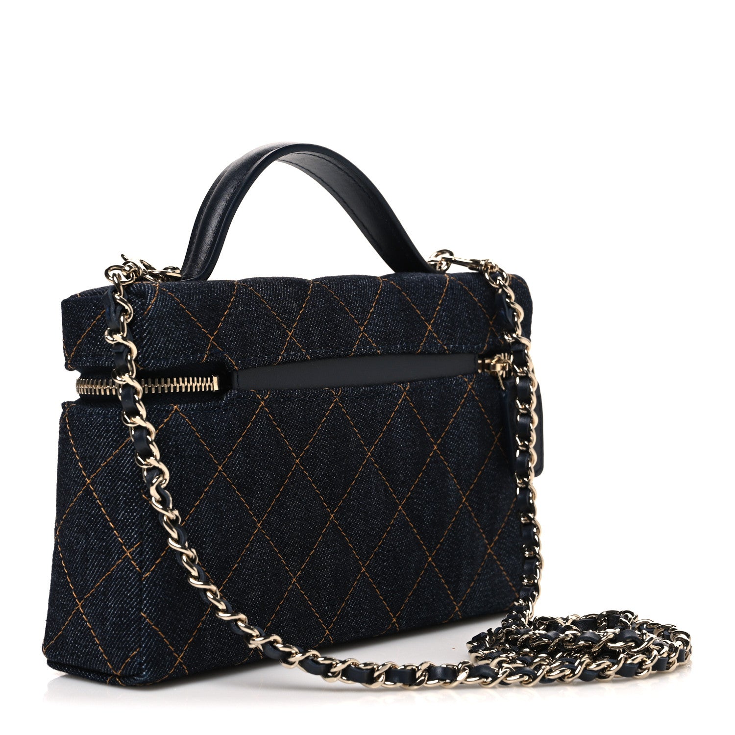 Denim Quilted Top Handle Slim Vanity Case With Chain Dark Blue Orange — view 3
