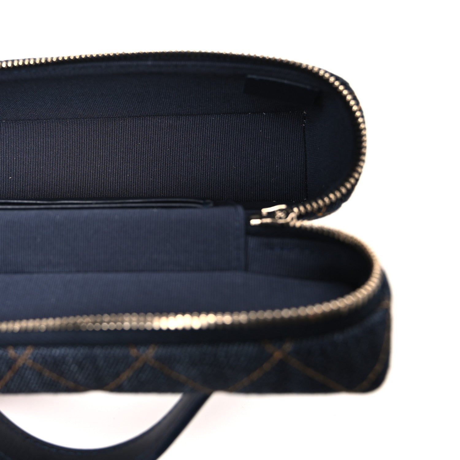 Denim Quilted Top Handle Slim Vanity Case With Chain Dark Blue Orange — view 5