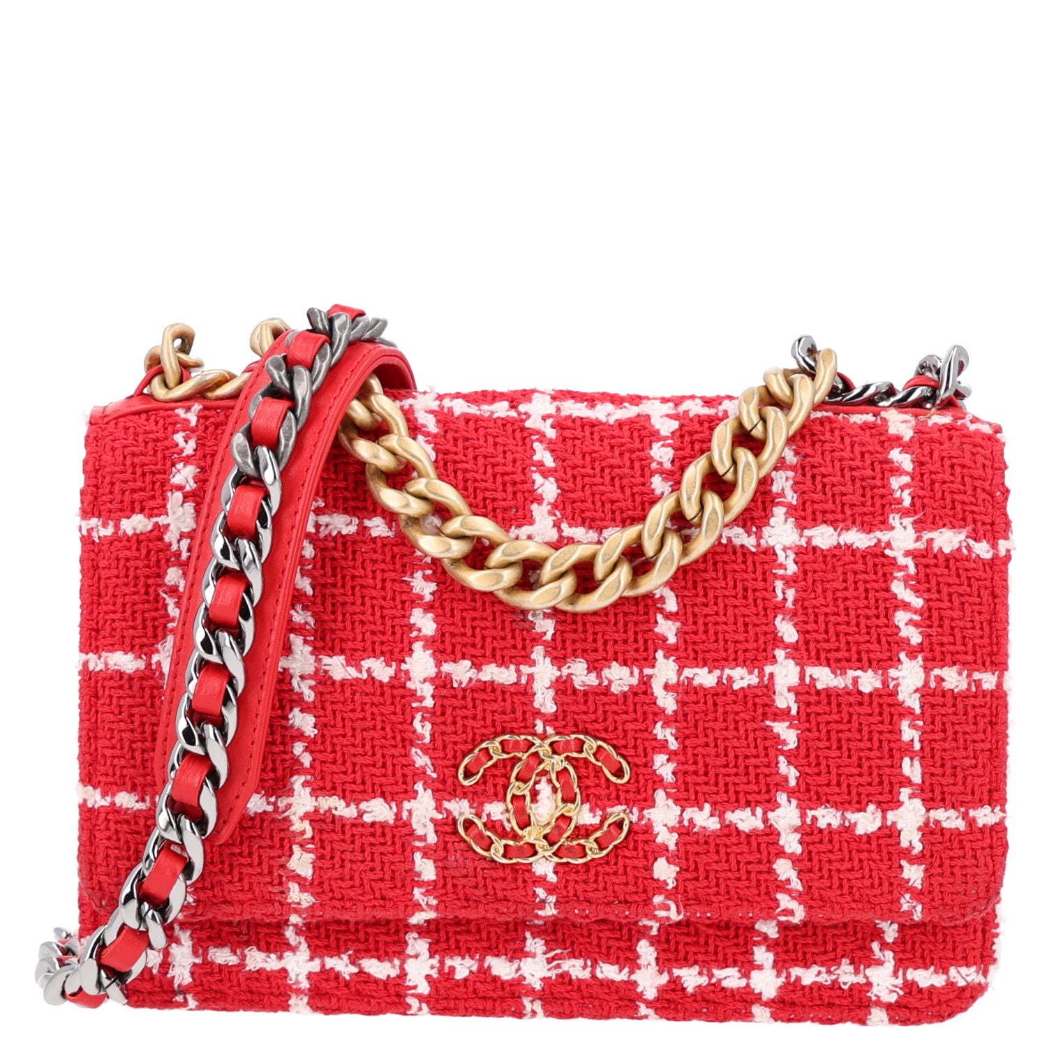 Tweed Quilted Chanel 19 Wallet On Chain WOC Red White
