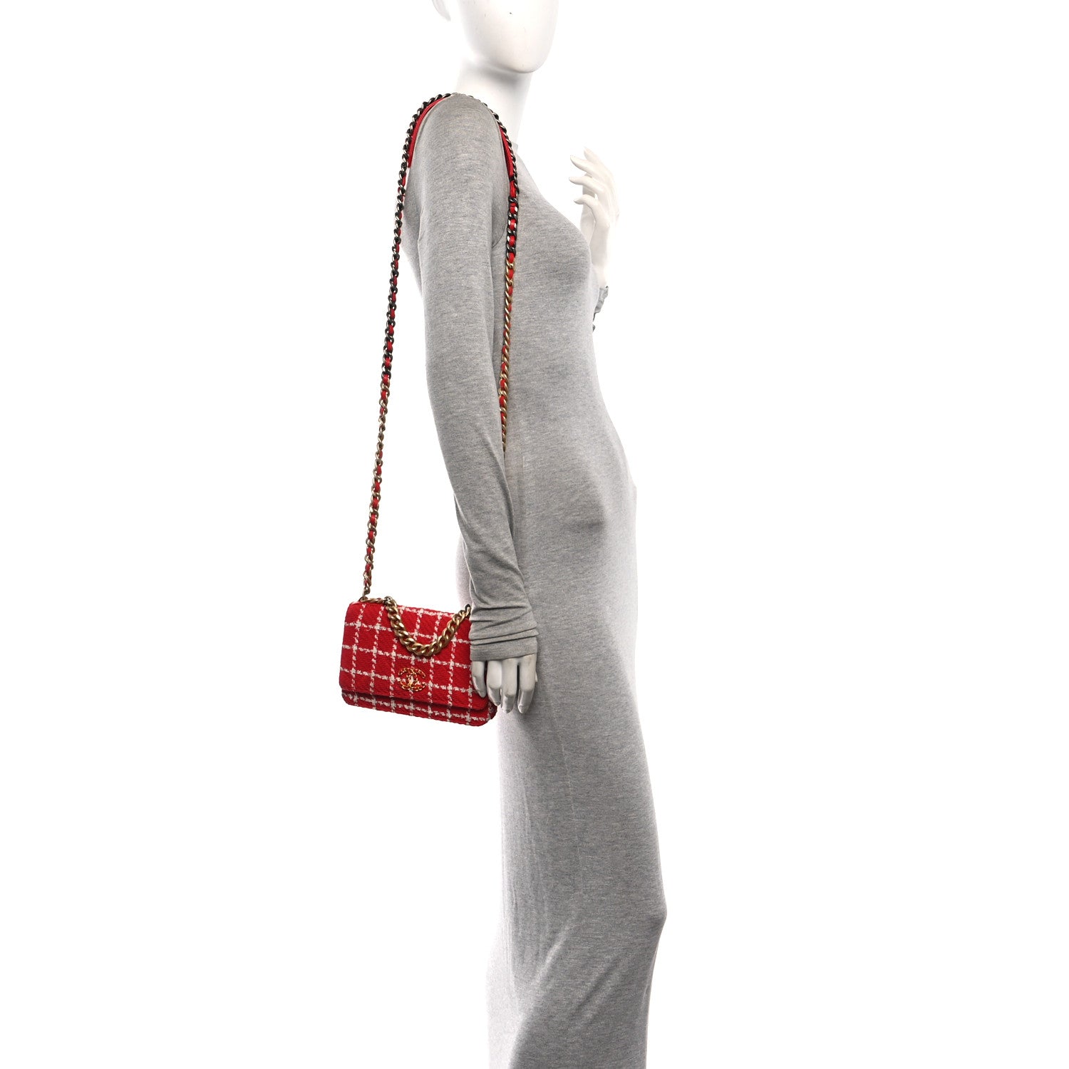 Tweed Quilted Chanel 19 Wallet On Chain WOC Red White — view 2