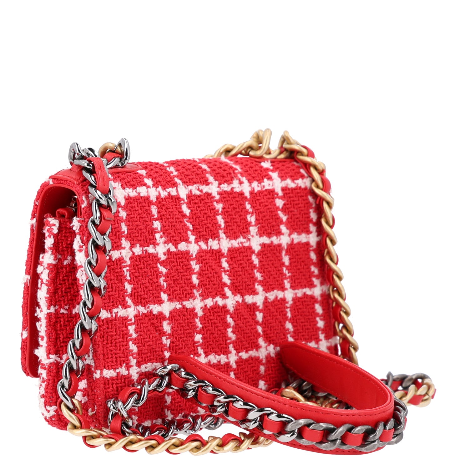 Tweed Quilted Chanel 19 Wallet On Chain WOC Red White — view 3