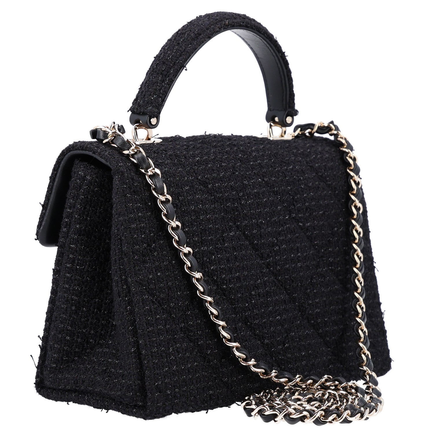 Tweed Quilted Medium Retro Twist Top Handle Flap Black — view 3