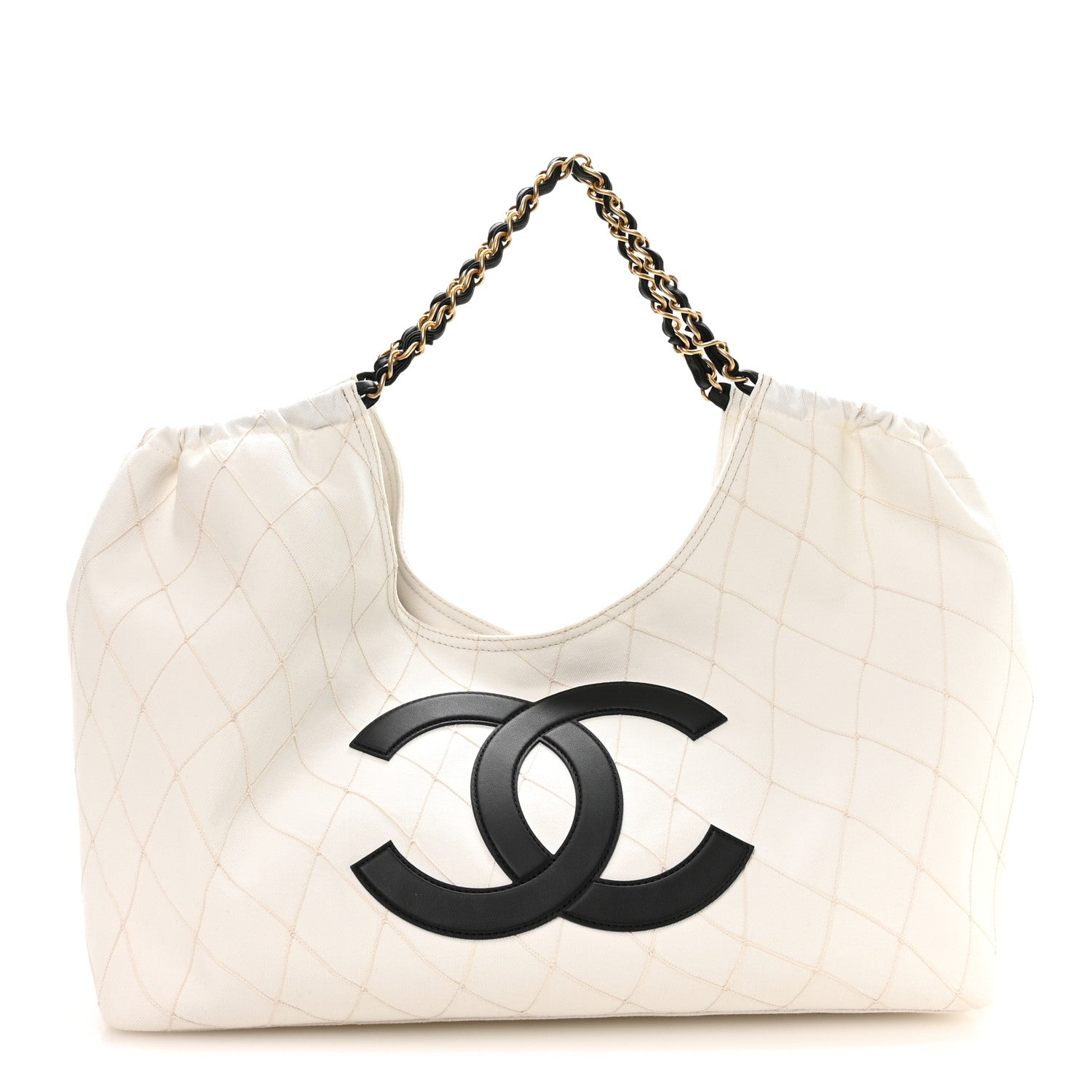 Denim Calfskin Quilted Coco Beach Small Shopping Tote White Black