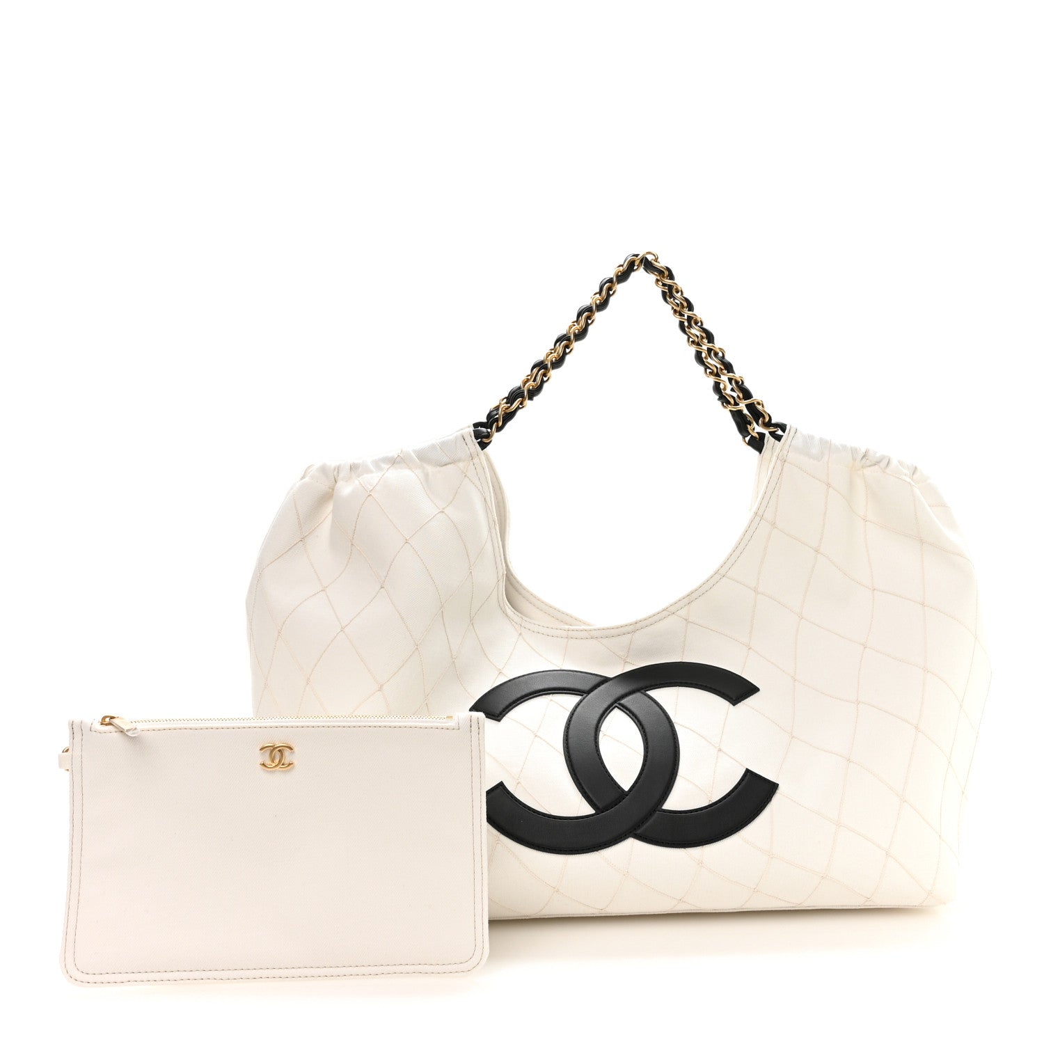 Denim Calfskin Quilted Coco Beach Small Shopping Tote White Black — view 3