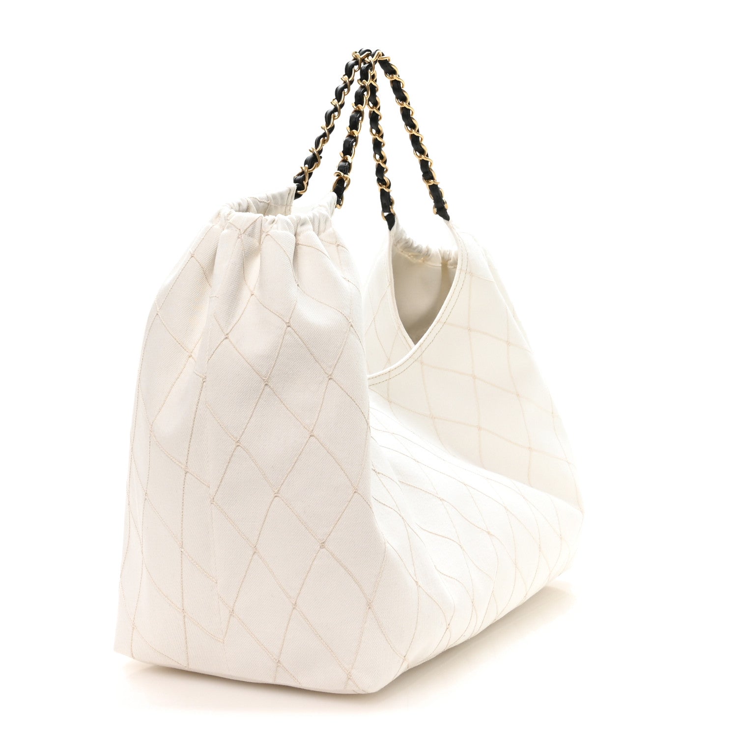 Denim Calfskin Quilted Coco Beach Small Shopping Tote White Black — view 4