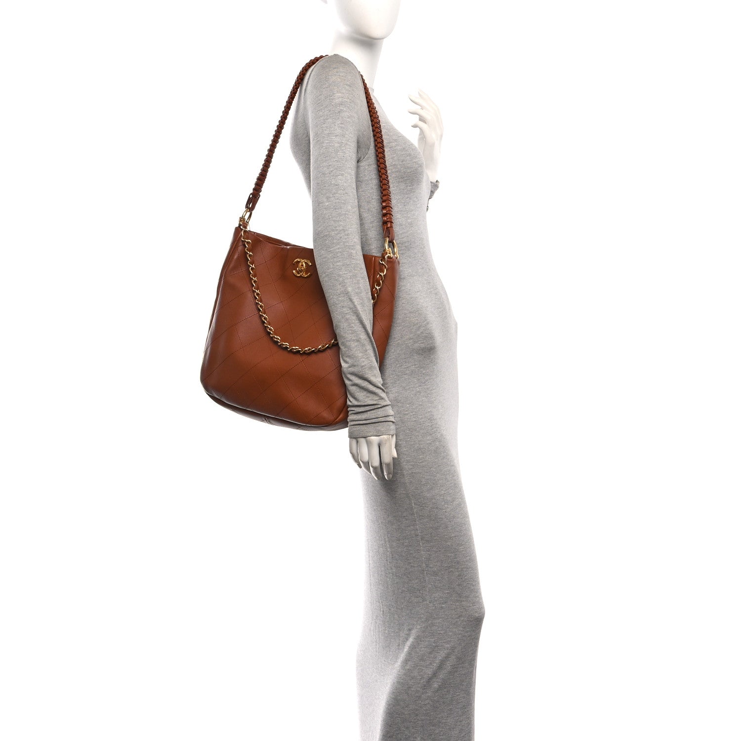 Calfskin Quilted Braided Handle Chain Hobo Brown — view 2
