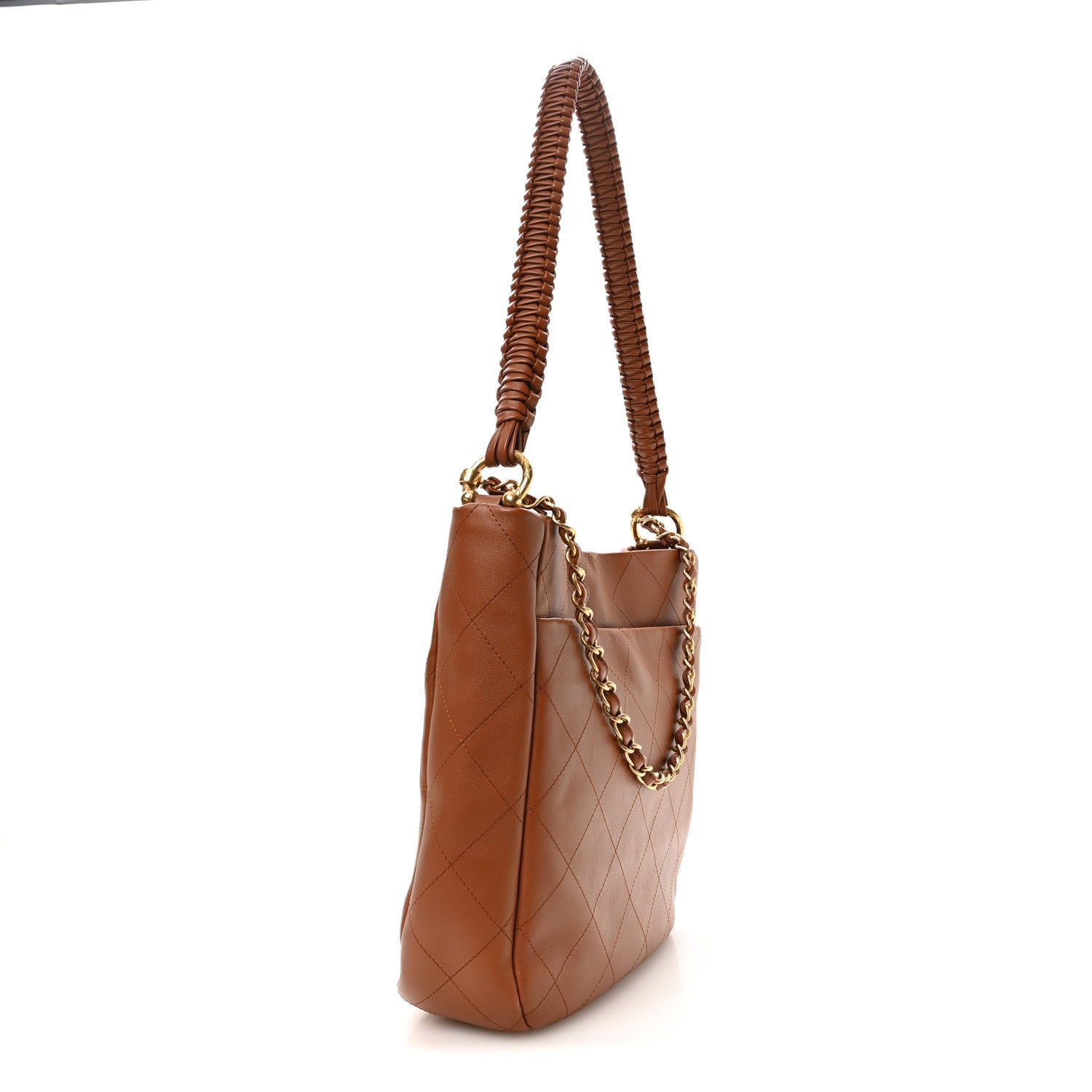Calfskin Quilted Braided Handle Chain Hobo Brown — view 3