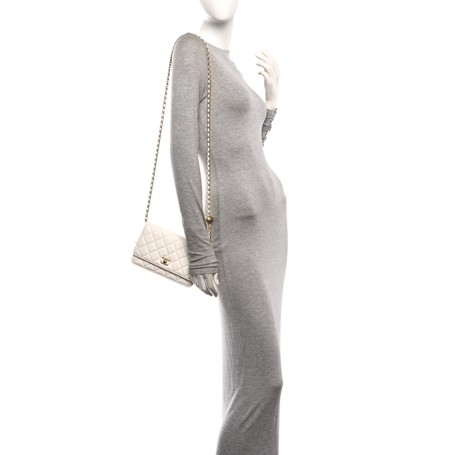 Lambskin Quilted CC Pearl Crush Wallet on Chain WOC White — view 2