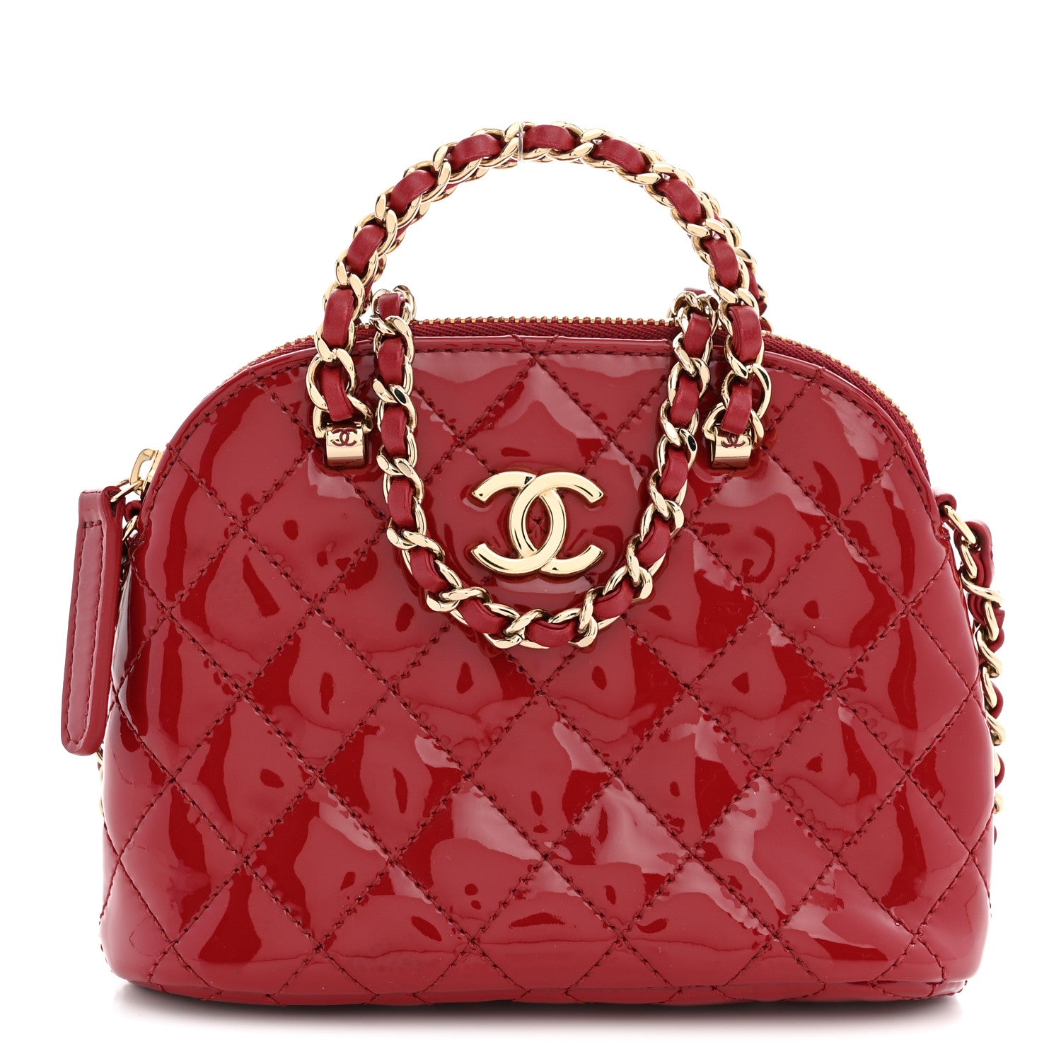 Patent Calfskin Quilted Shiny Coco Clutch With Chain Red