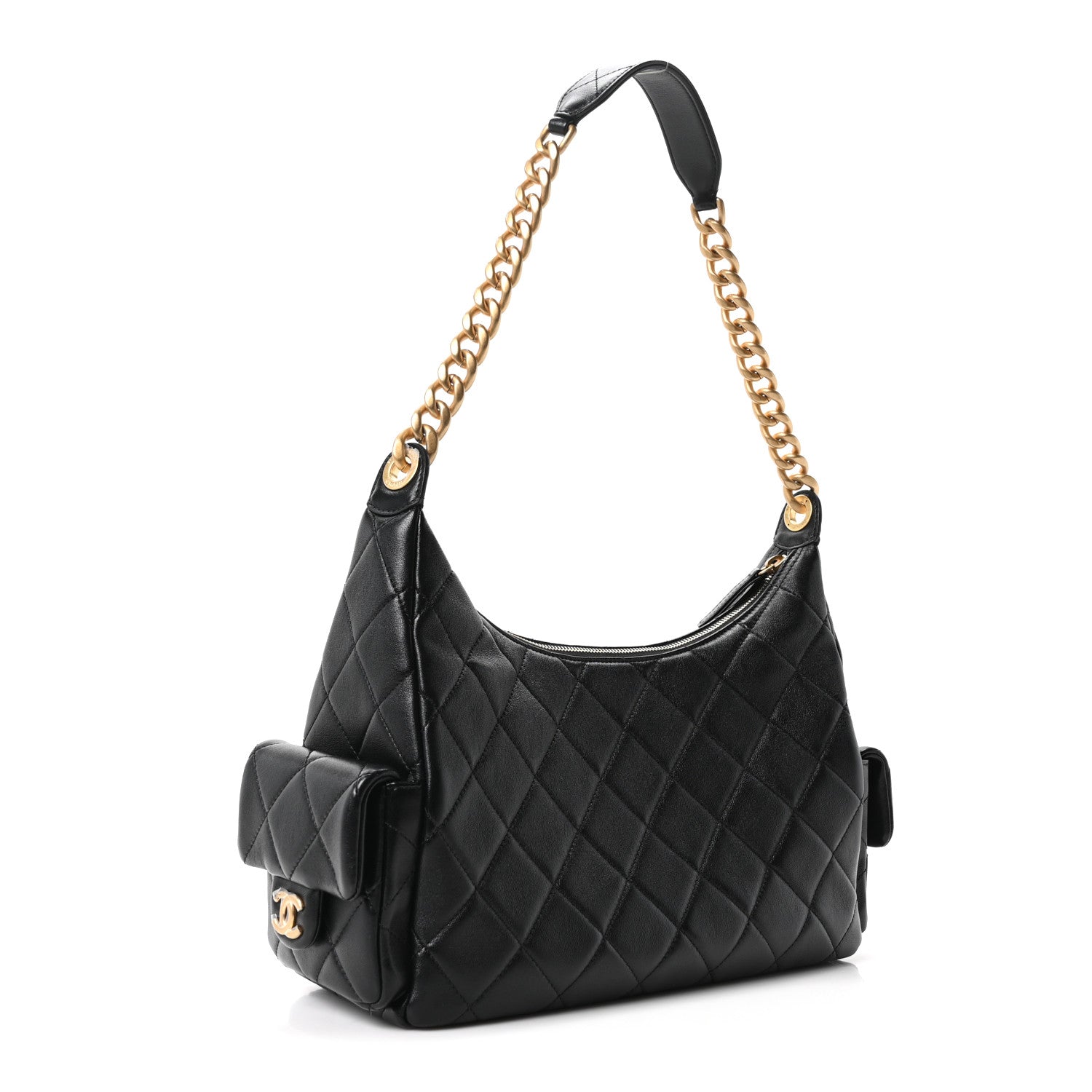 Shiny Lambskin Quilted Large Trendy Pockets Hobo Black — view 2