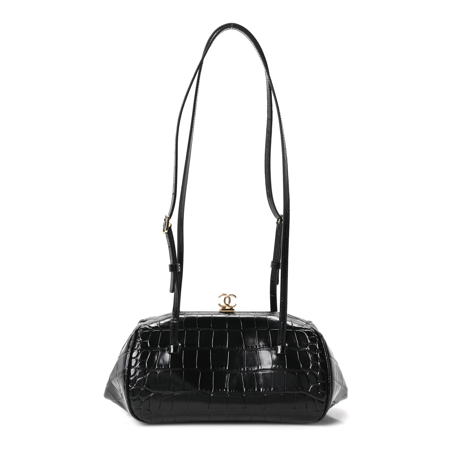 Calfskin Crocodile Embossed Pretty CC Clutch With Strap Black
